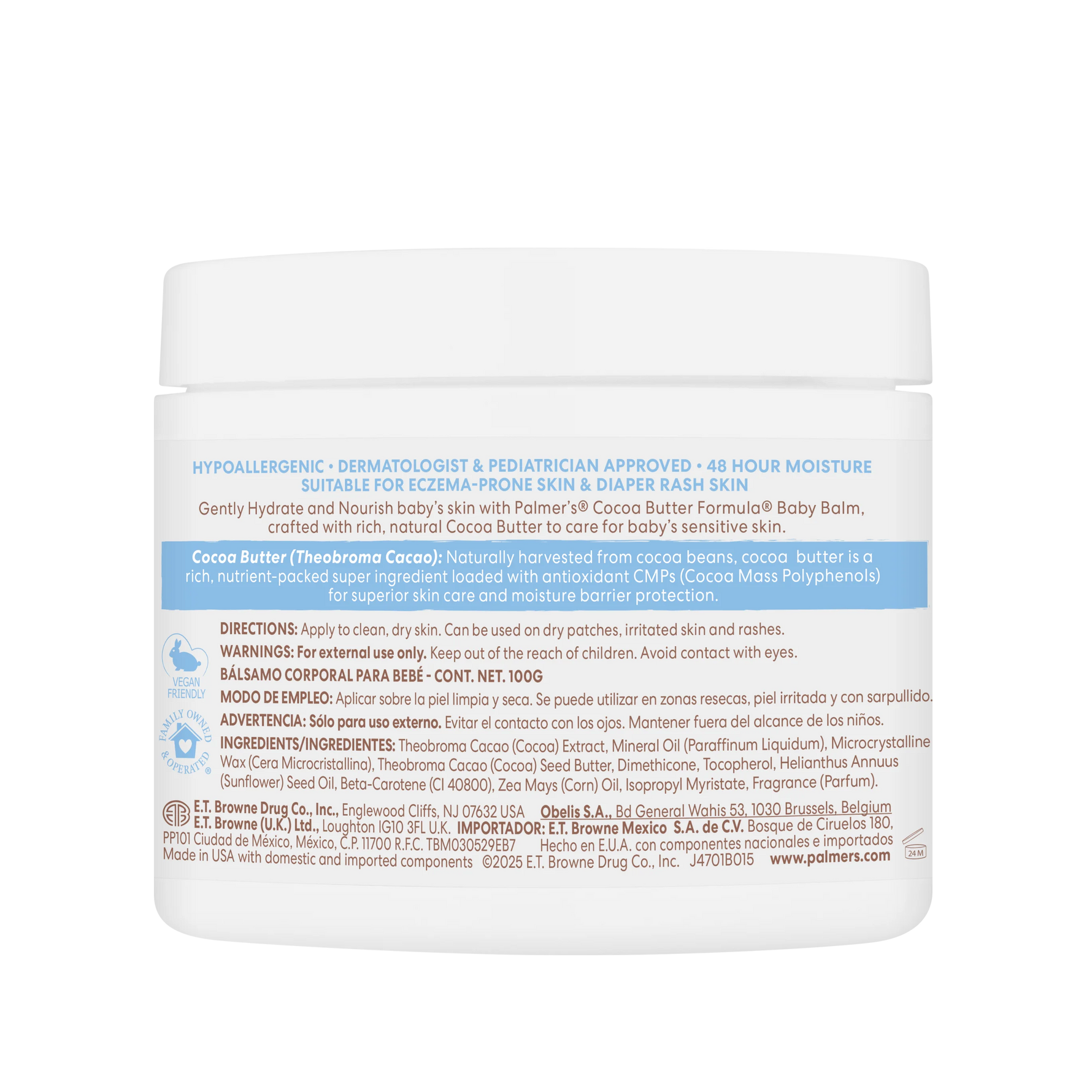 Back label of a baby balm container with text and branding.