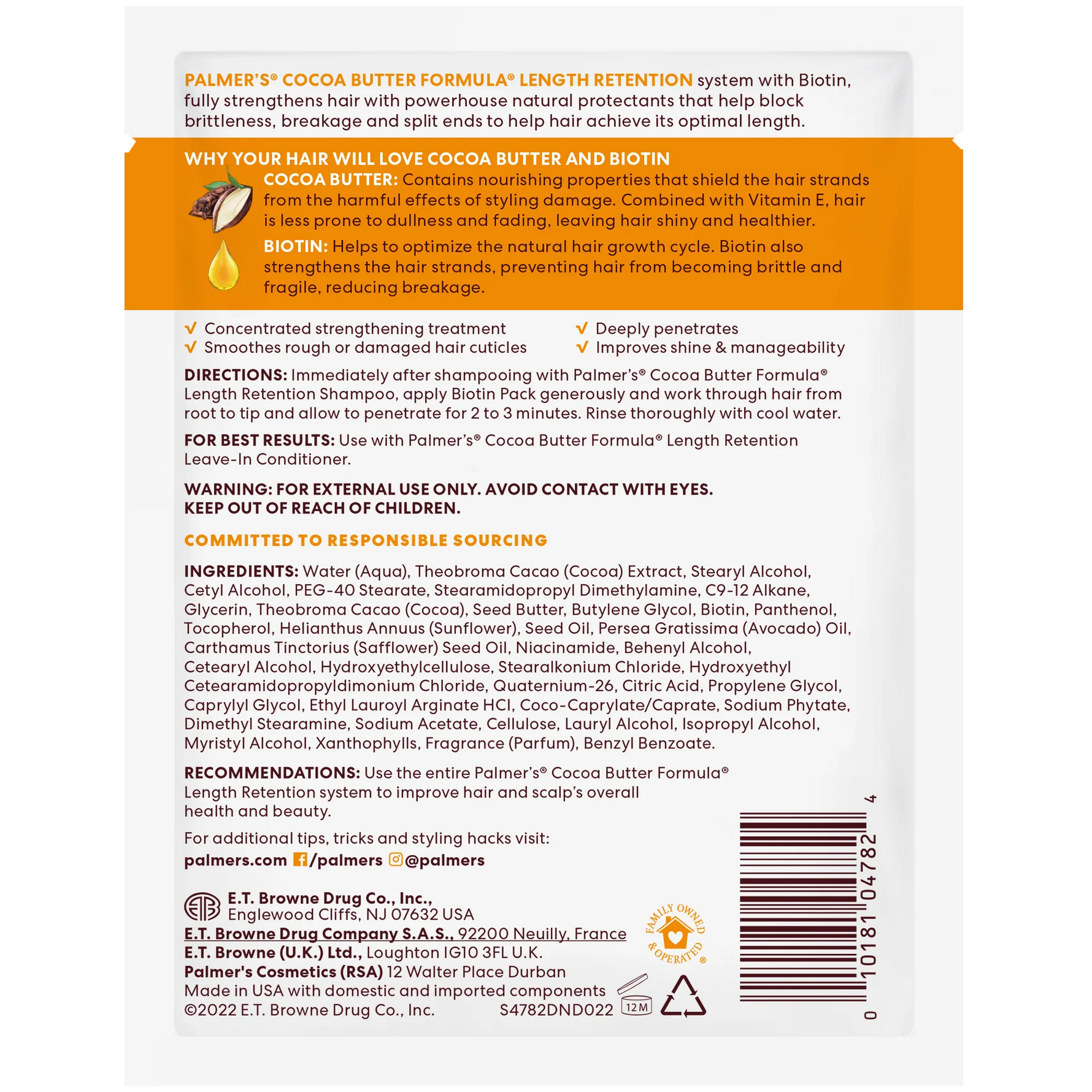 Back of a Palmer's Cocoa Butter Formula hair care product packaging with text and ingredients list.