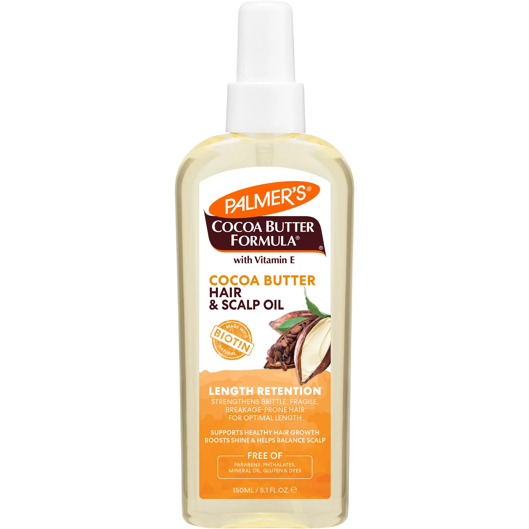 Palmer's Cocoa Butter Formula hair and scalp oil bottle on a white background