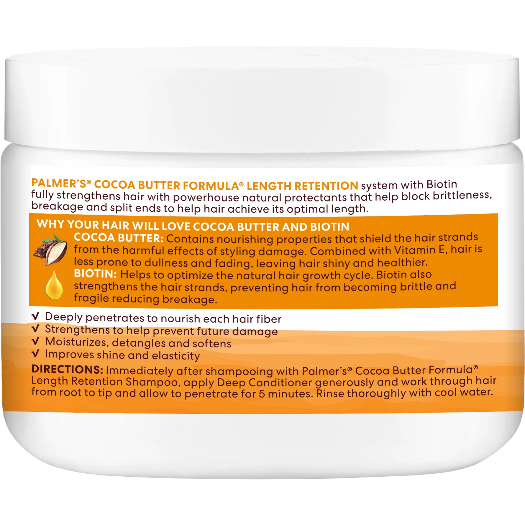 Palmer's Cocoa Butter Formula deep conditioner jar with product description and benefits on a white background