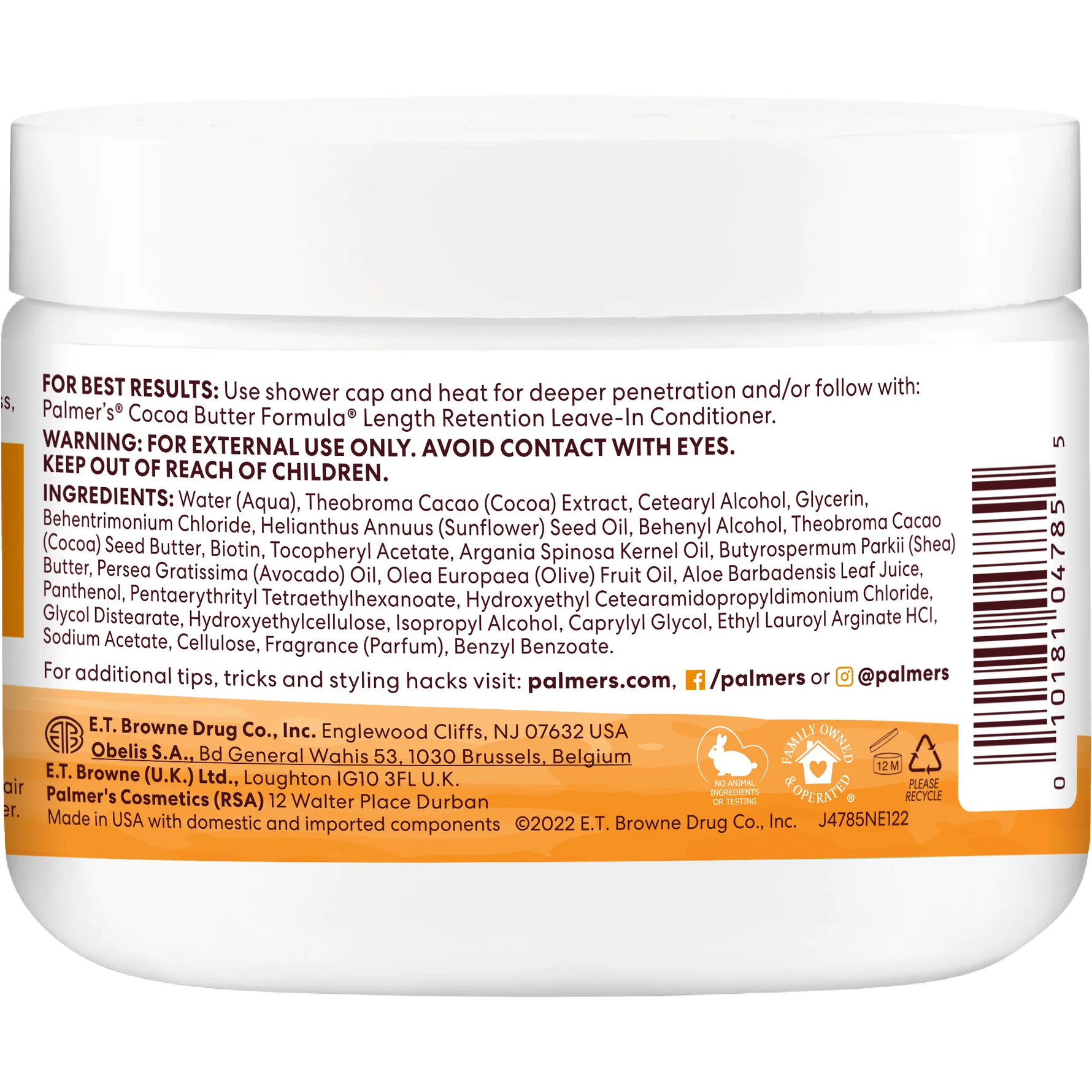 Back label of a Palmer's Cocoa Butter Formula deep conditioner jar with text and product details.