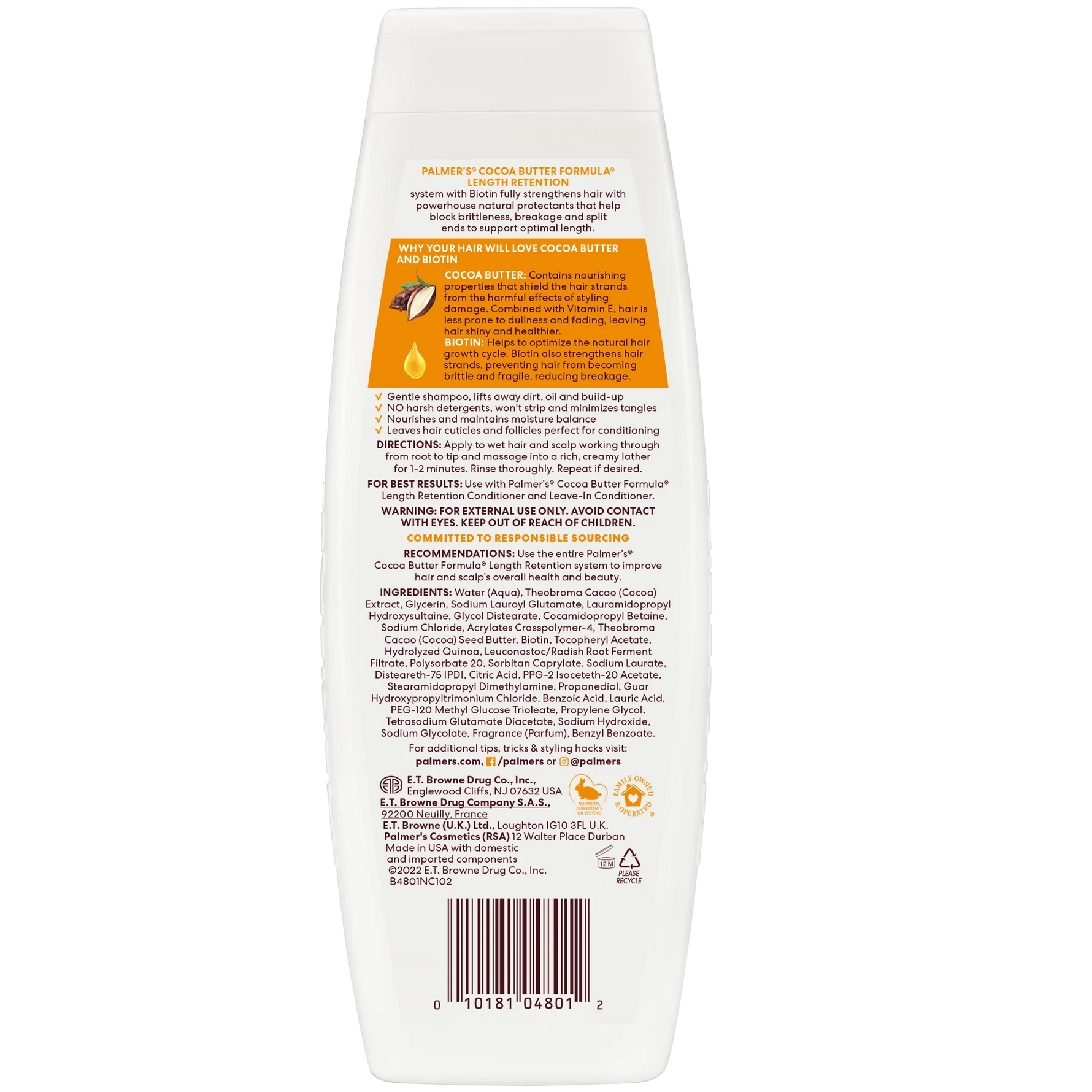 Back view of a shampoo bottle with text and branding on a white background