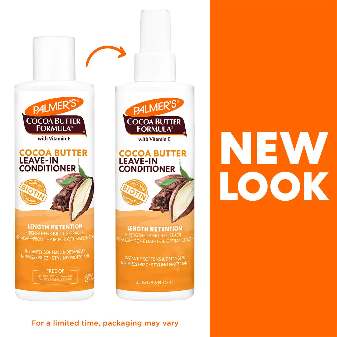 Two bottles of Palmer's Cocoa Butter Formula leave-in conditioner with an orange background and 'New Look' text.