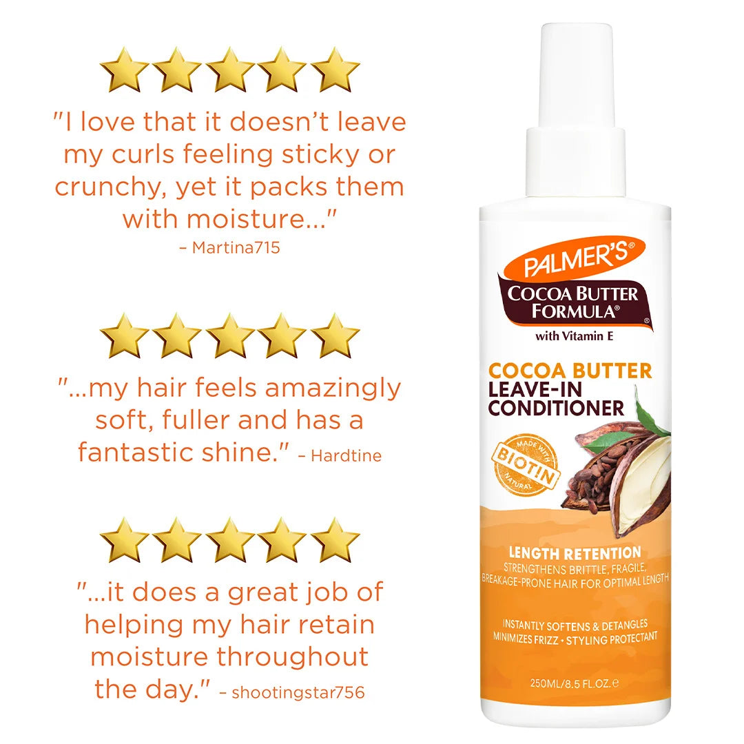 Palmer's Cocoa Butter Formula leave-in conditioner bottle with customer reviews on a white background