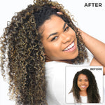 Before and after comparison of a woman with styled hair on a white background
