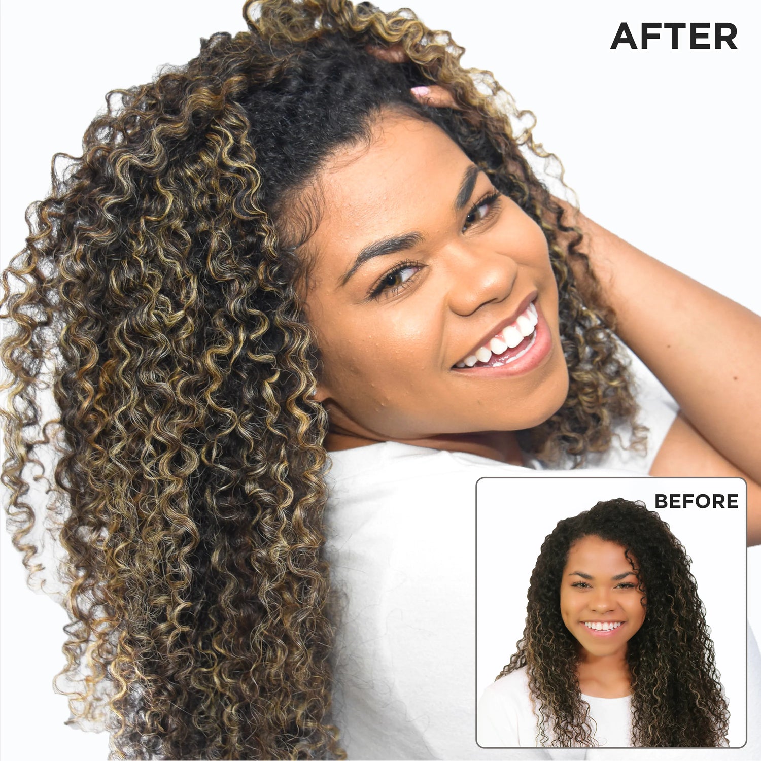 Before and after comparison of a woman with styled hair on a white background
