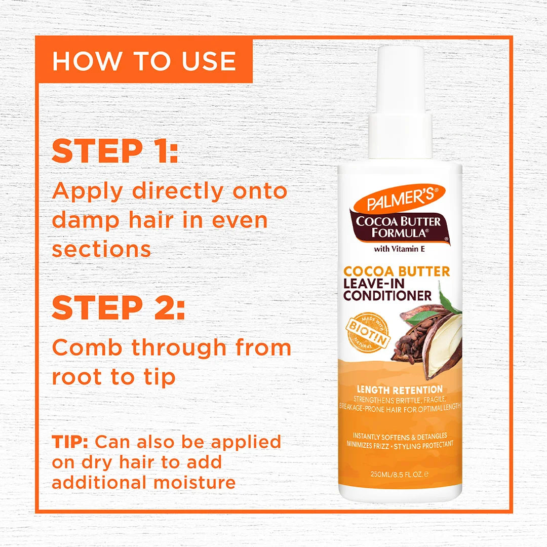 Palmer's Cocoa Butter Leave-In Conditioner bottle with usage instructions on a white background