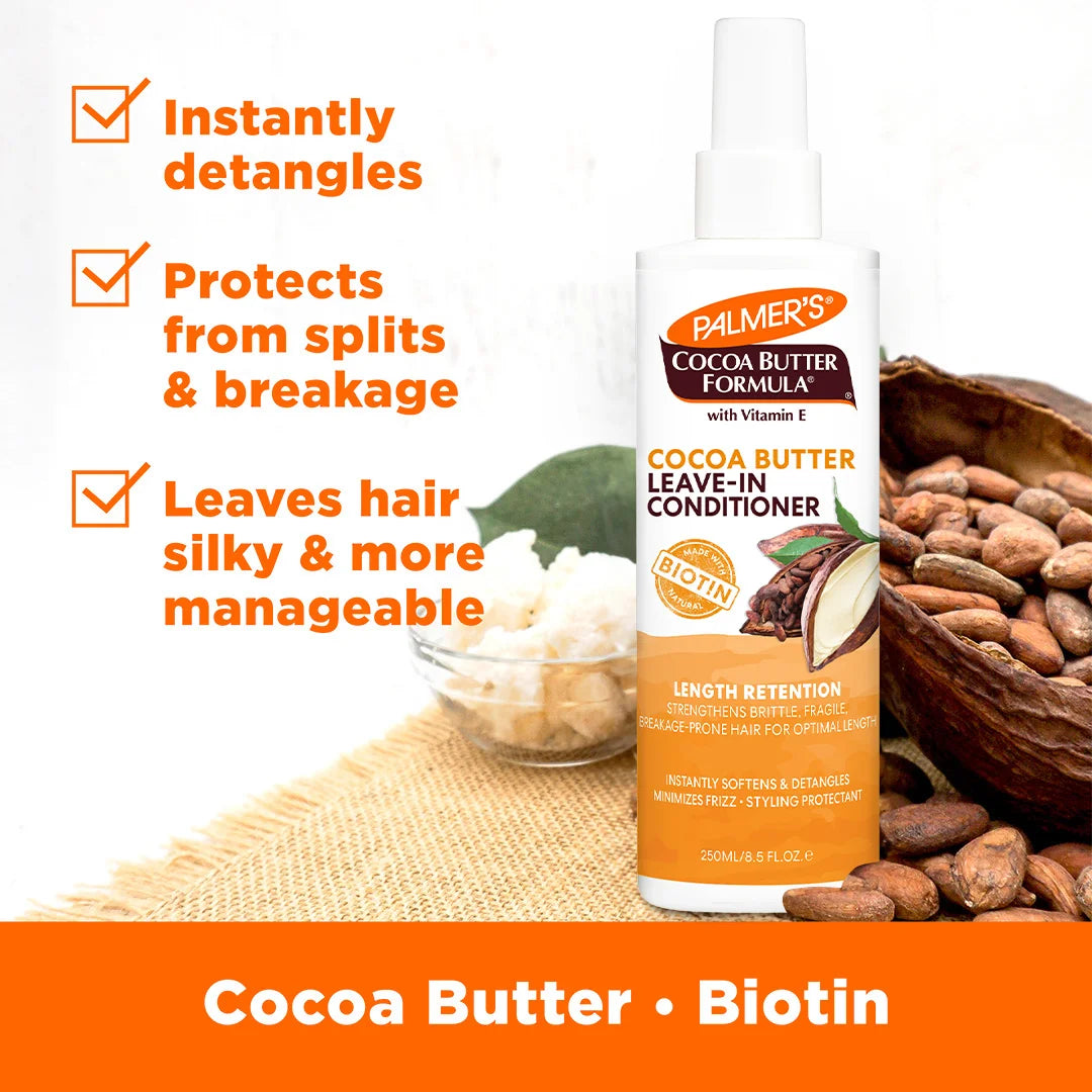  Palmer's Cocoa Butter Formula leave-in conditioner with ingredients and benefits text on a white background