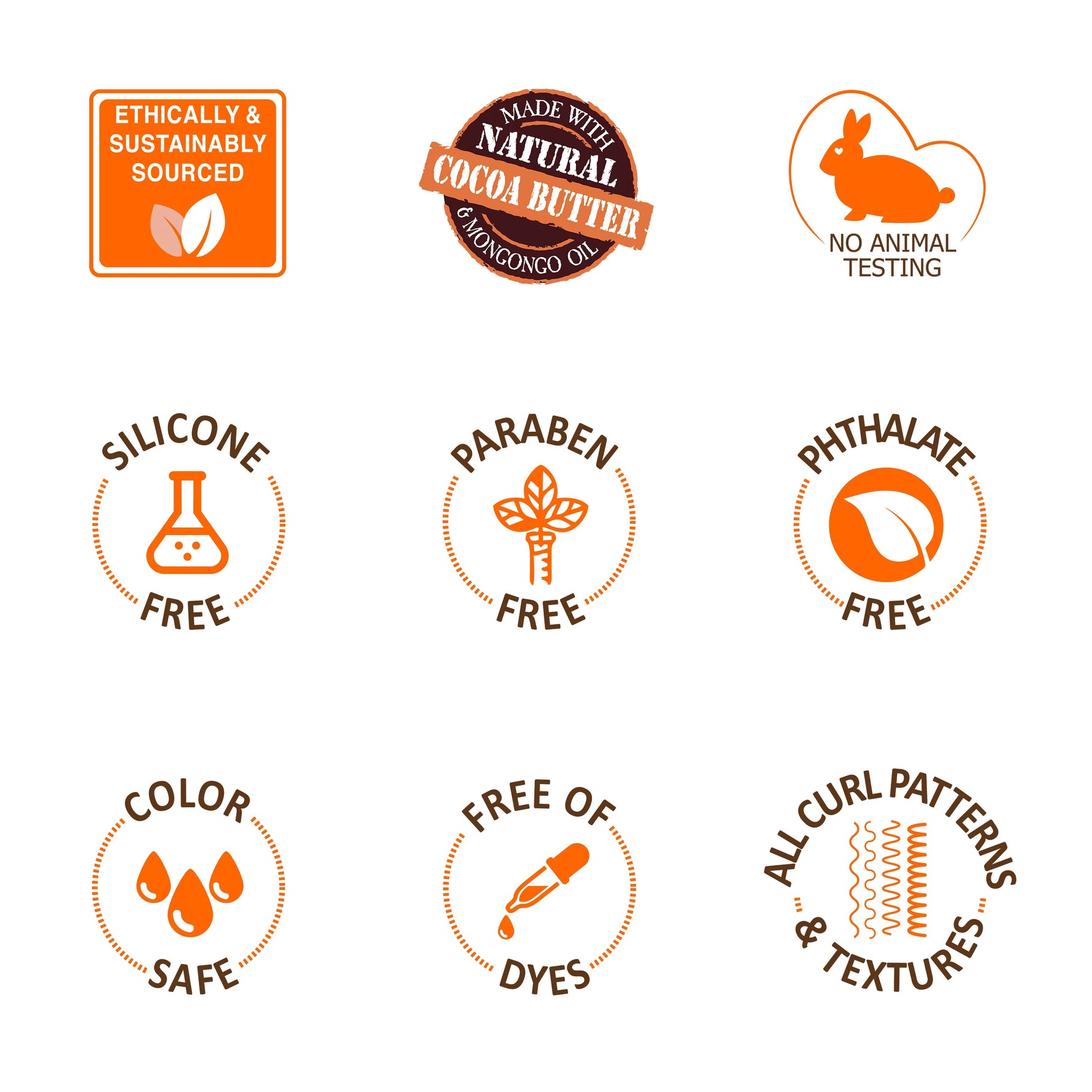 Collection of product safety and ethicality labels on a white background