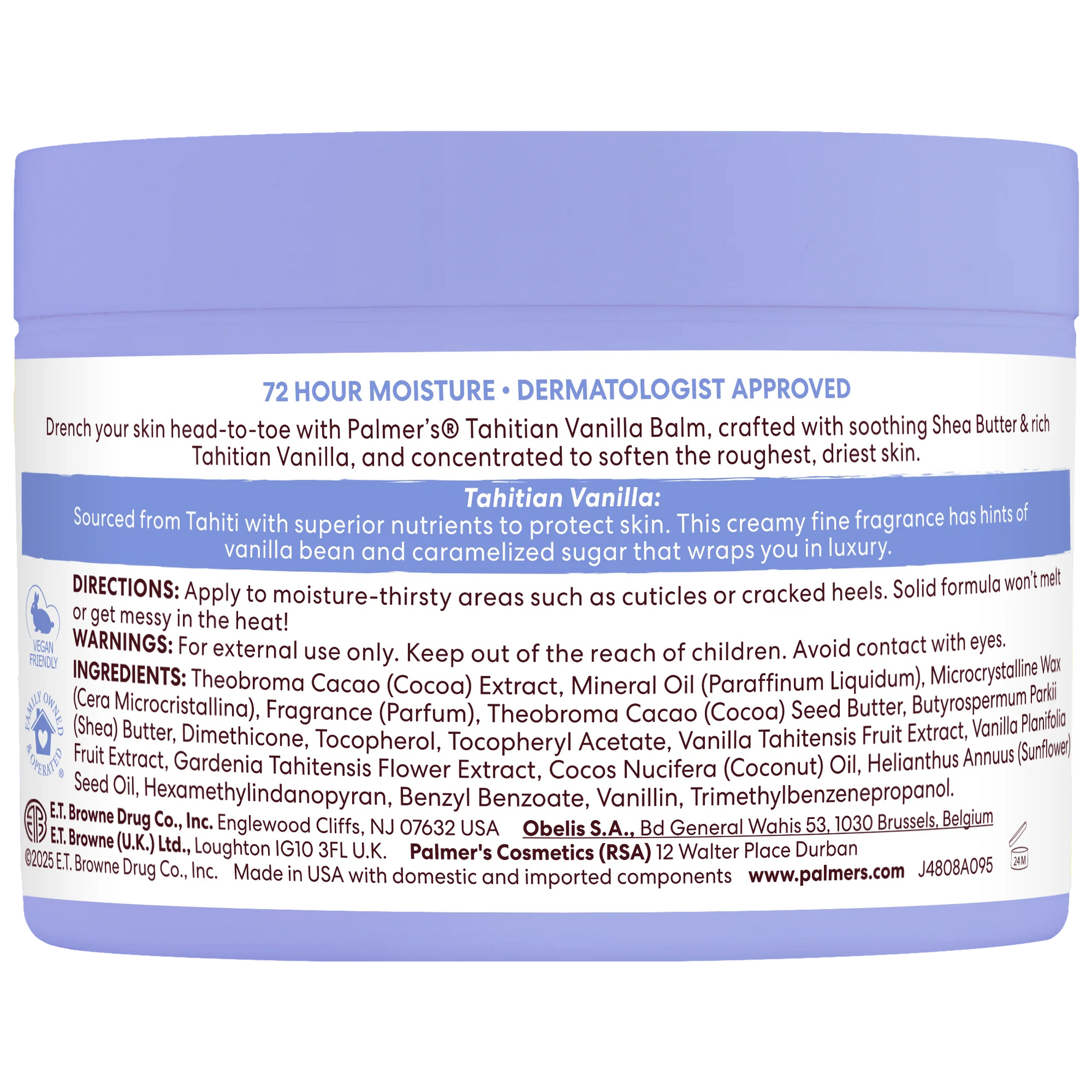 Palmer's Tahitian Vanilla Balm container with Tahitian Vanilla flavor and product details on a white background