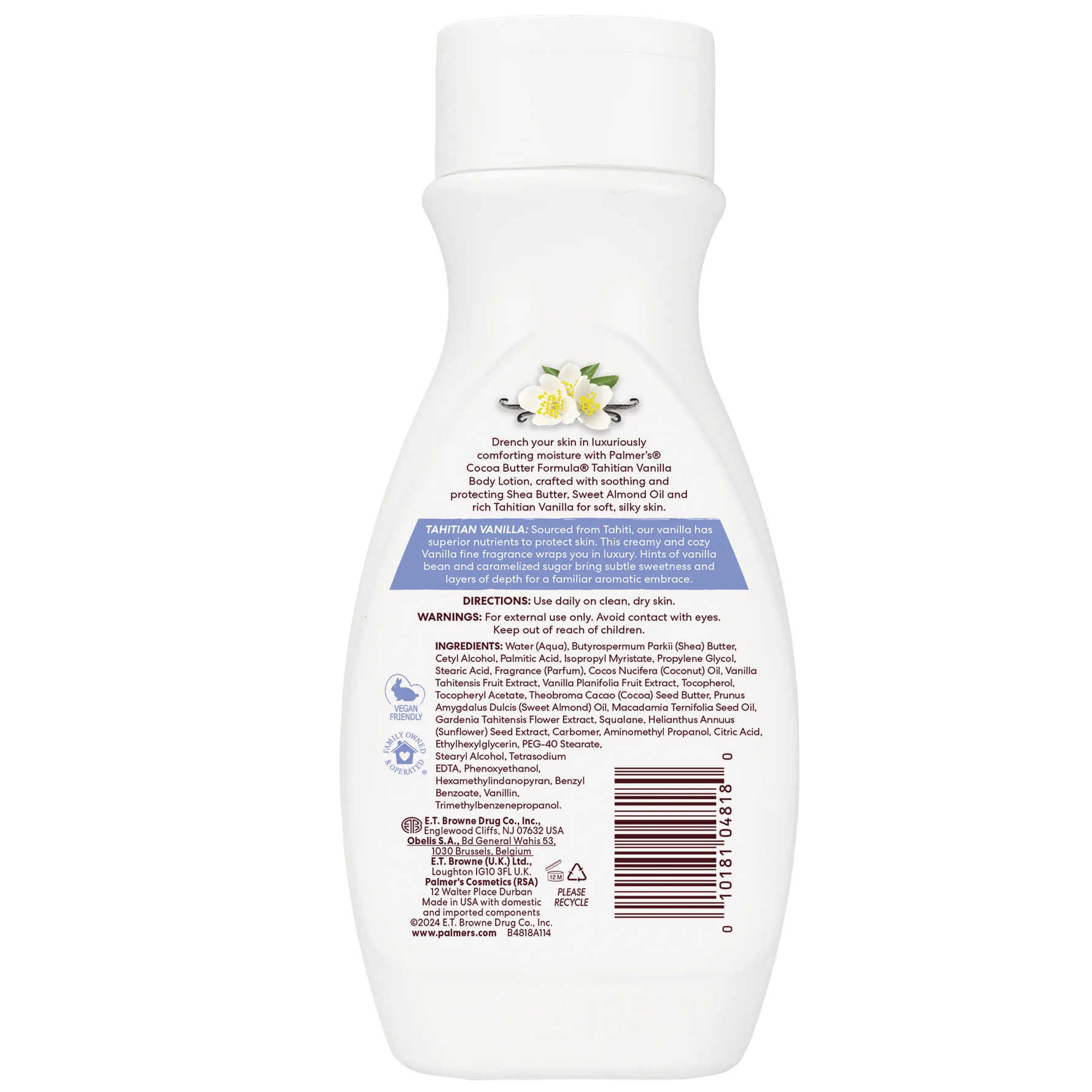 Bottle of lotion with a label on a white background