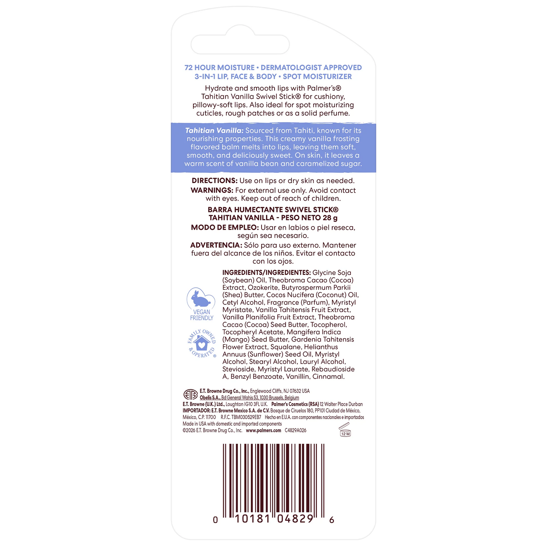 Back of a Palmer's Tahitian Vanilla Swivel Stick with text, bar code, and small images on a white background