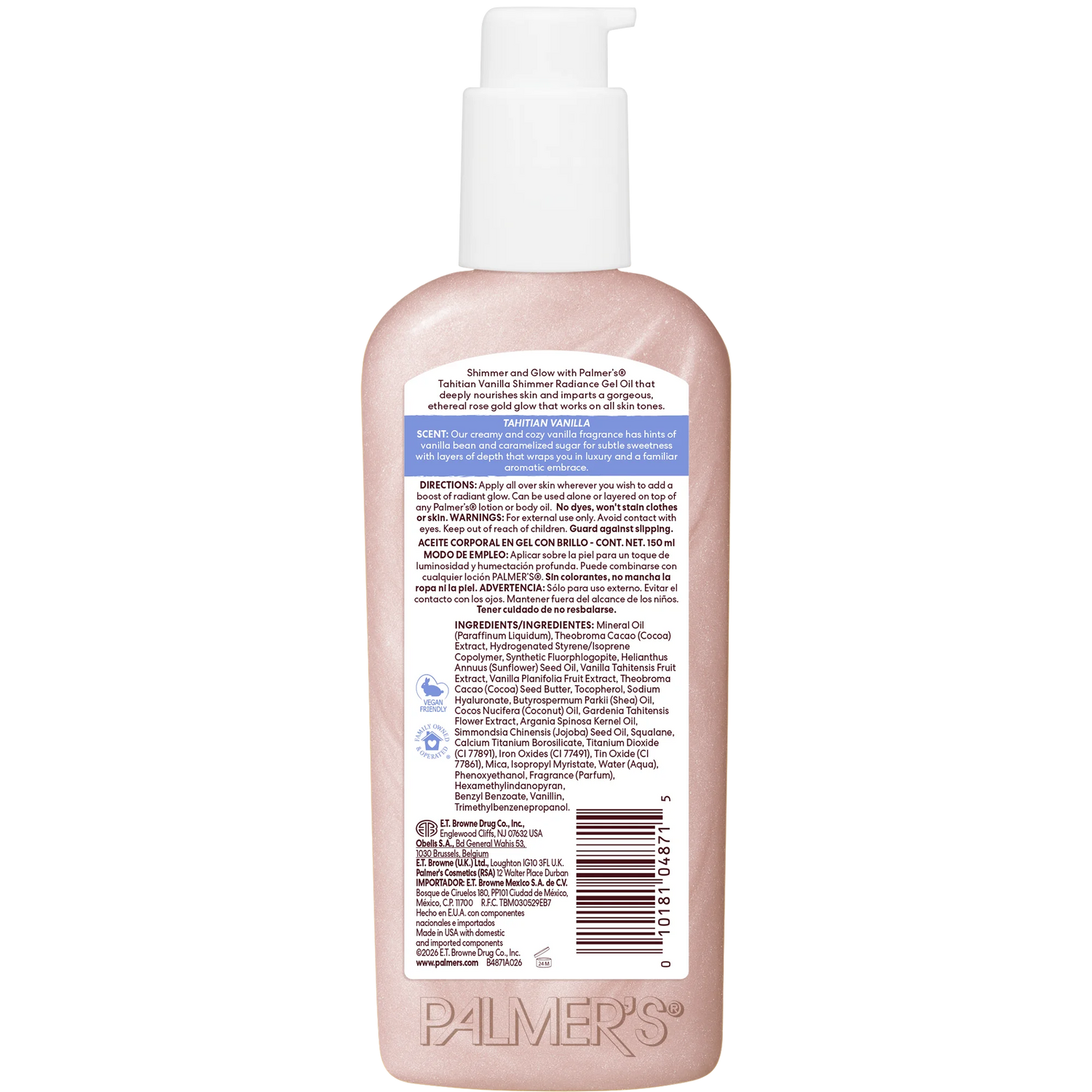 Back view of a Palmer's Tahitian Vanilla Shimmer Gel bottle with label details on a white background