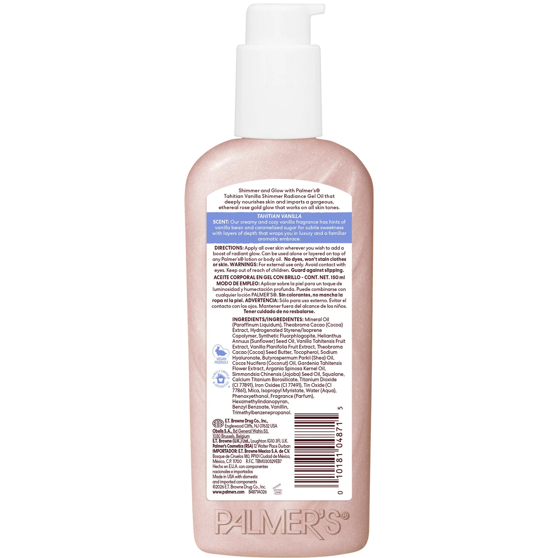 Back view of a Palmer's Tahitian Vanilla Shimmer Gel bottle with label details on a white background