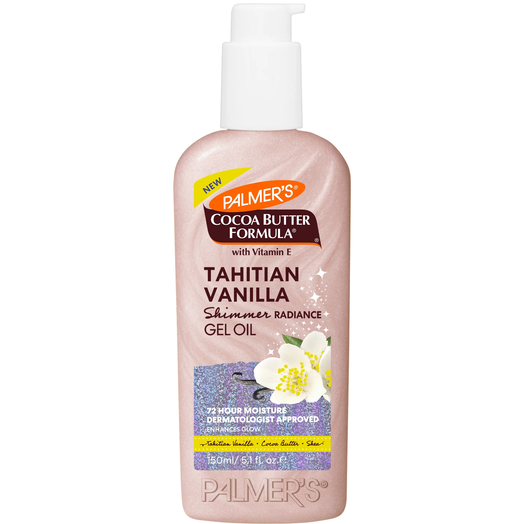 Palmer's Cocoa Butter Formula Tahitian Vanilla Shimmer Radiance Gel Oil bottle on a white background