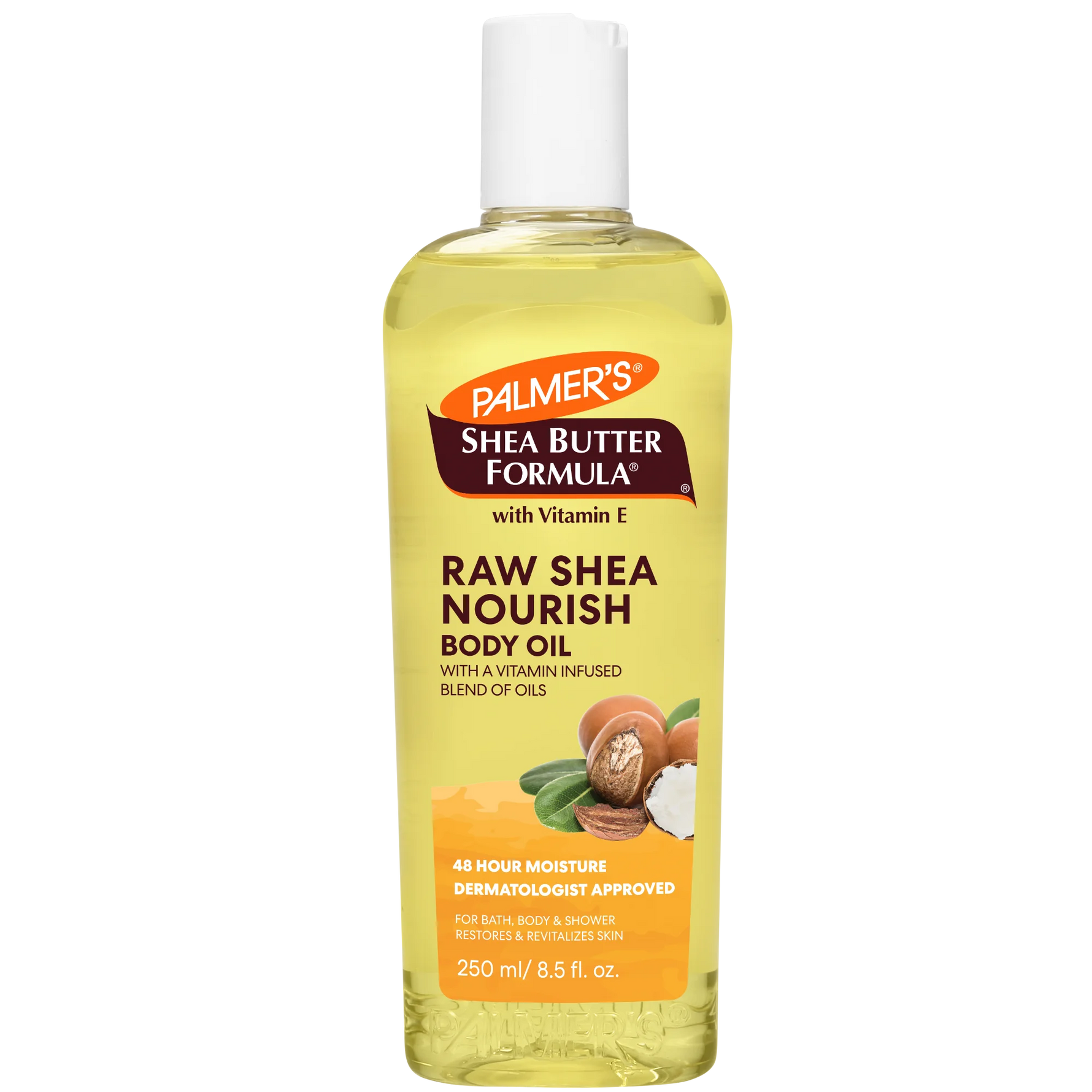 Palmer's Shea Butter Formula Raw Shea Nourish Body Oil bottle on a white background