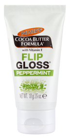 FlipGloss® tube with peppermint, cocoa butter, and Vitamin E for lip moisture.