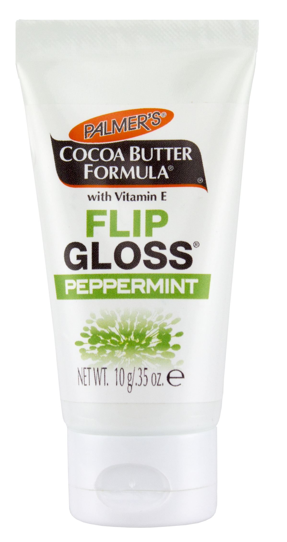 FlipGloss® tube with peppermint, cocoa butter, and Vitamin E for lip moisture.