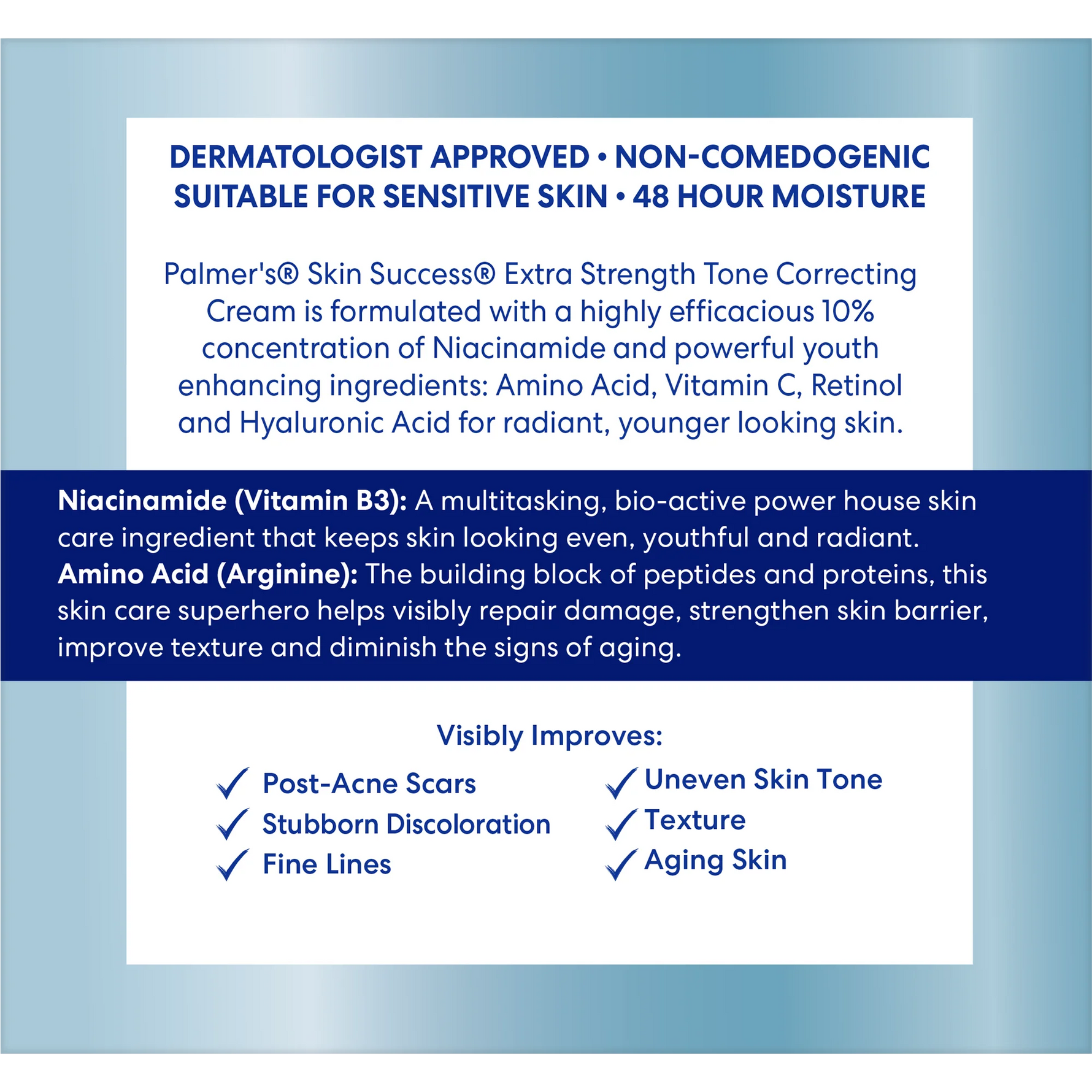 Product label for Palmer's Skin Success Extra Strength Tone Correcting Cream with text about dermatologist approval, non-comedogenic properties, and benefits.