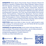 Product label with ingredients, directions, and warnings on a white background