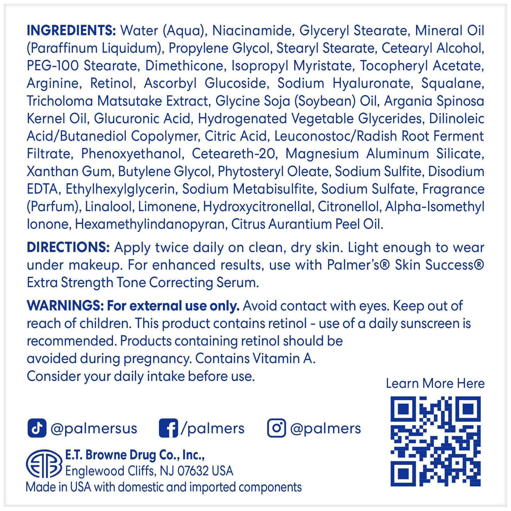 Product label with ingredients, directions, and warnings on a white background