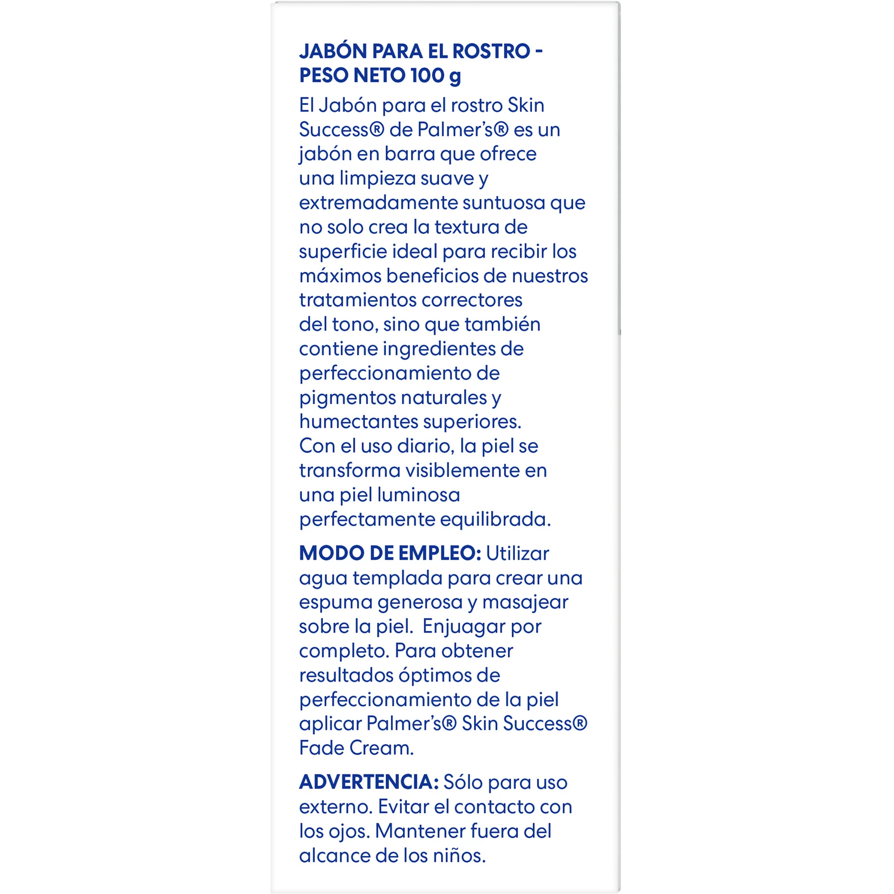 Product label for Palmer's Skin Success facial soap with text in Spanish.