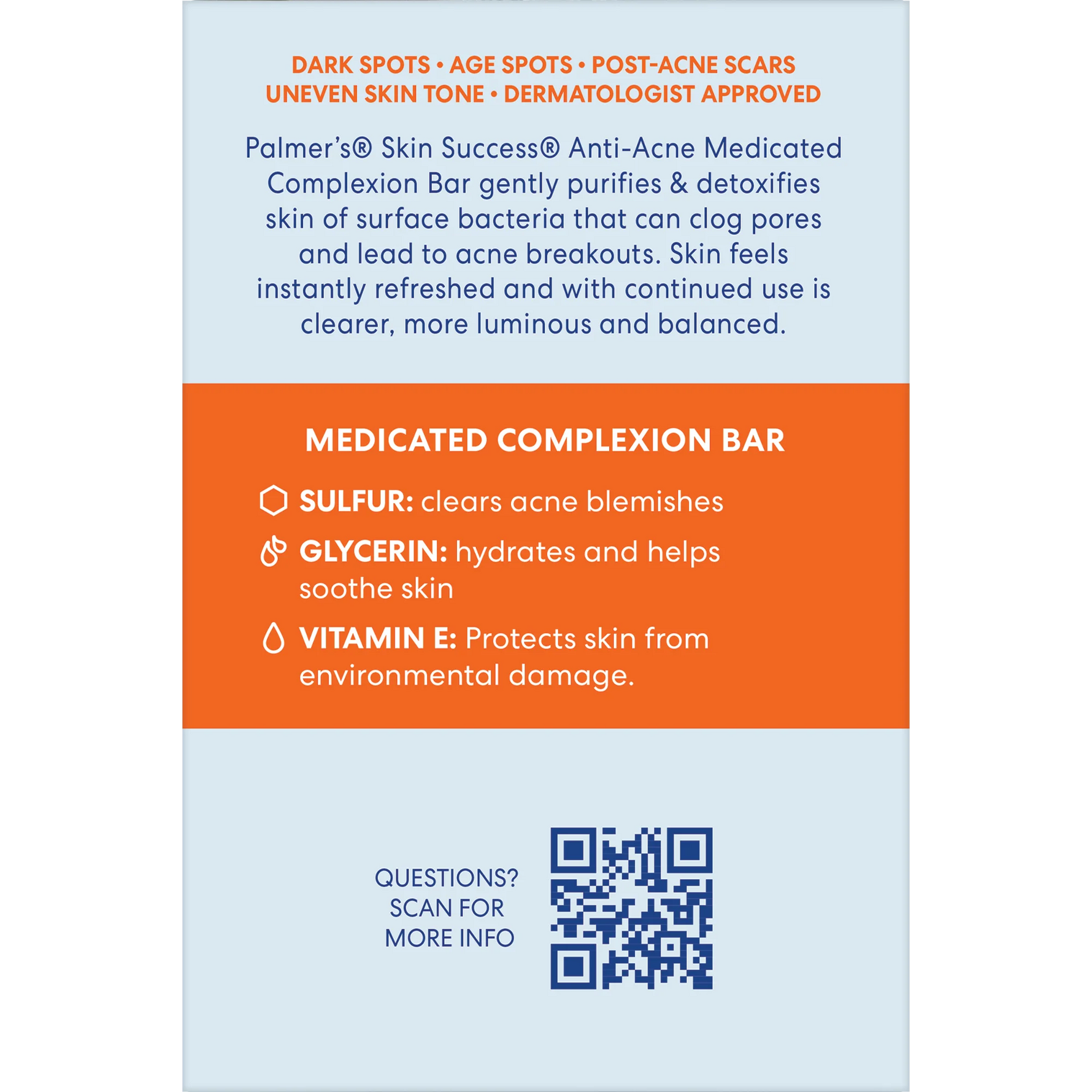 Product label for Palmer's Skin Success Anti-Acne Medicated Complexion Bar with text and a QR code.