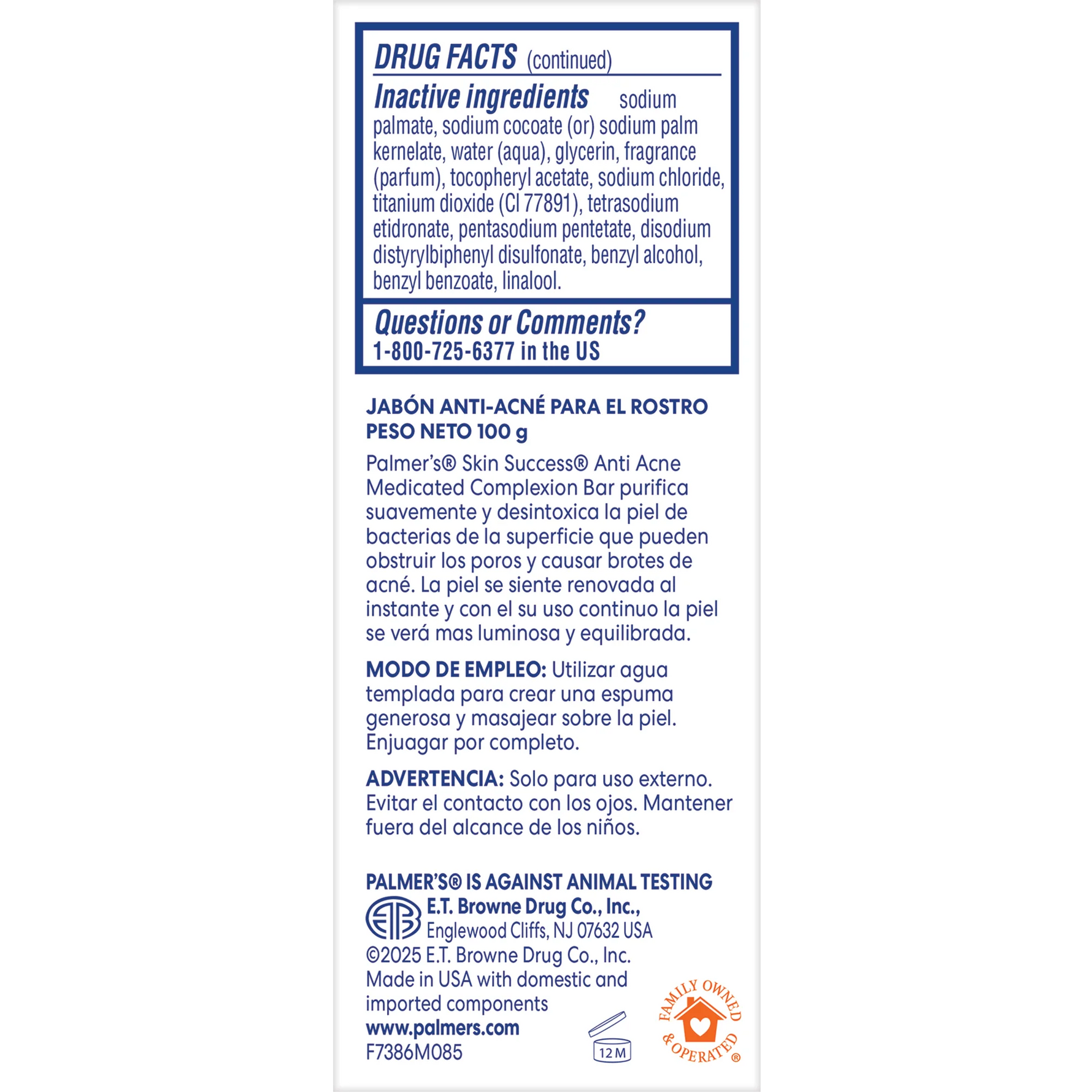 Back of a soap packaging with inactive ingredients list and contact information on a white background