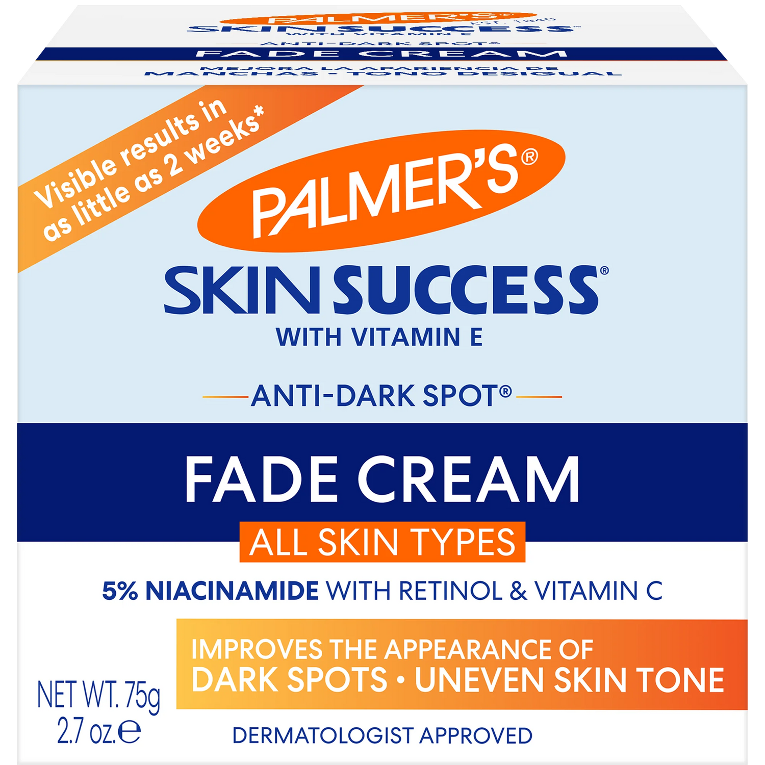 Palmer's Skin Success Fade Cream packaging with blue and orange design