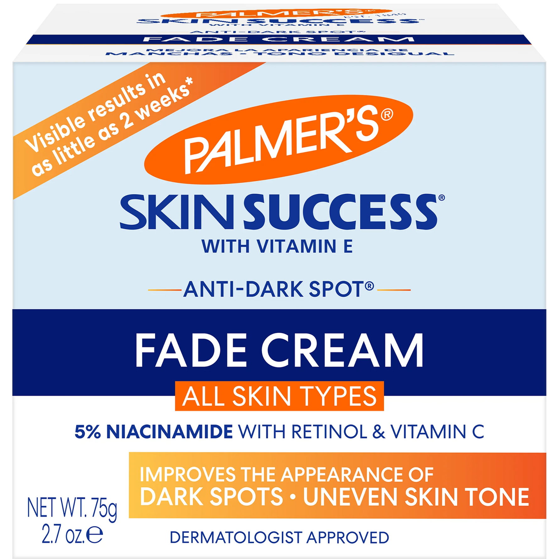 Palmer's Skin Success Fade Cream packaging with blue and orange design