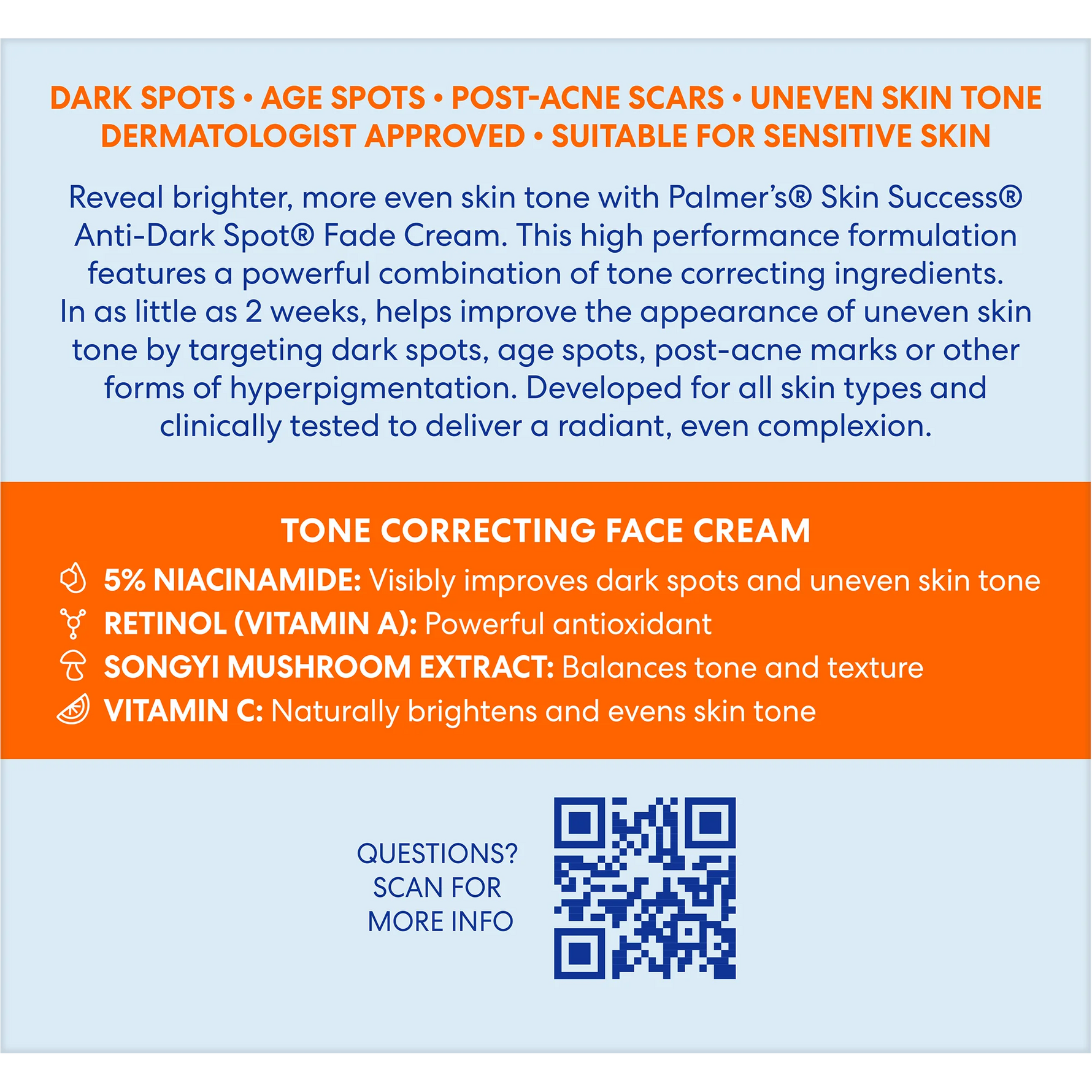 Product label for Palmer's Skin Success Anti-Dark Spot Fade Cream with text and a QR code.
