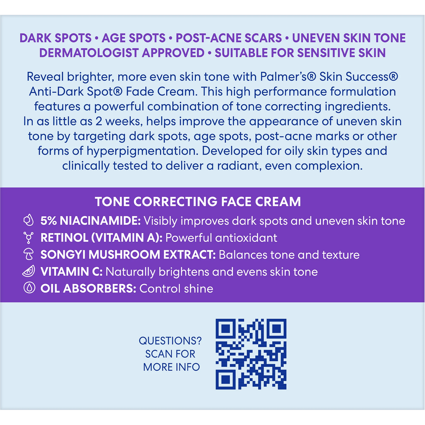 Product label for Palmer's Skin Success Anti-Dark Spot Fade Cream with text and a QR code on a blue background.