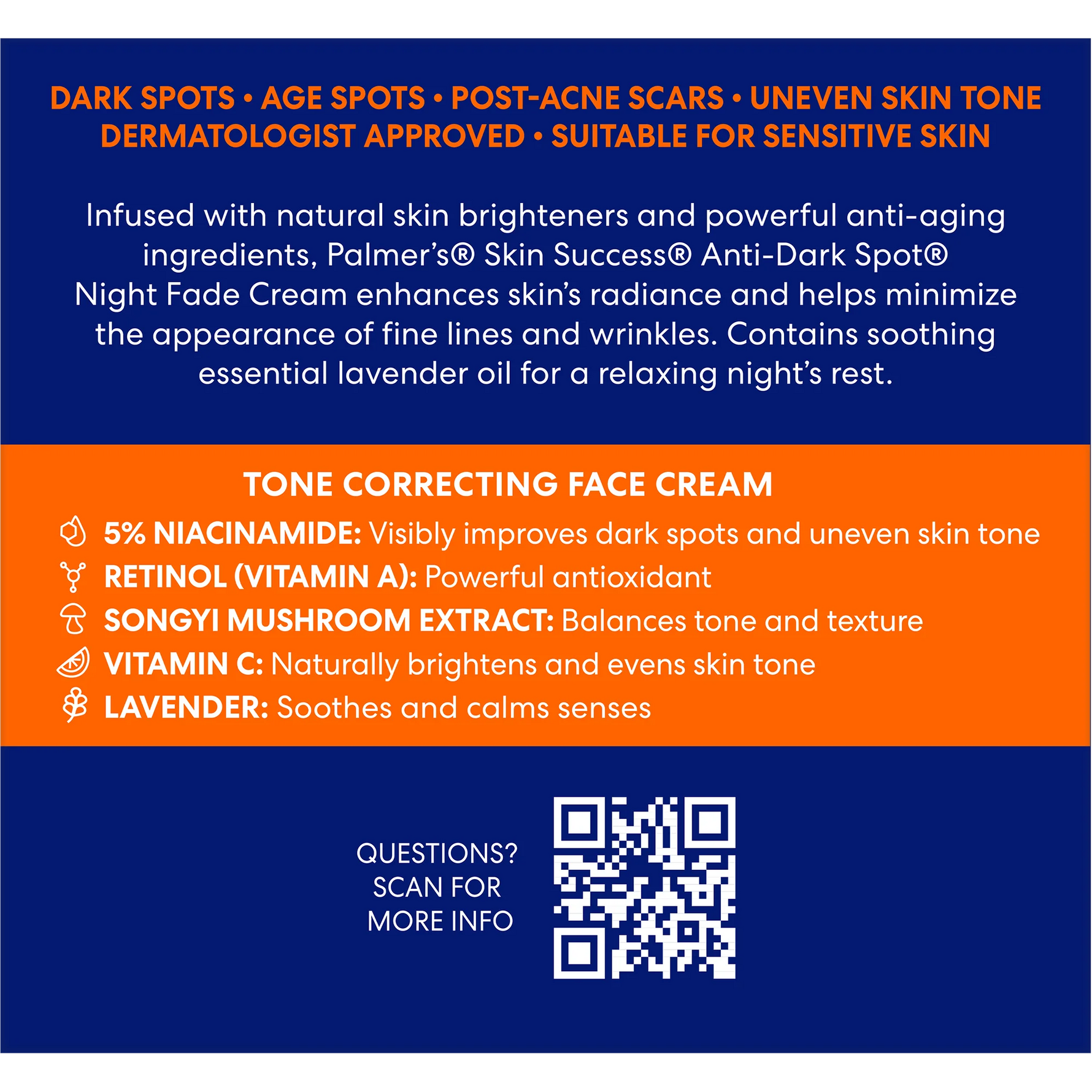 Product label for Palmer's Skin Success Anti-Dark Spot Night Fade Cream with text and a QR code.