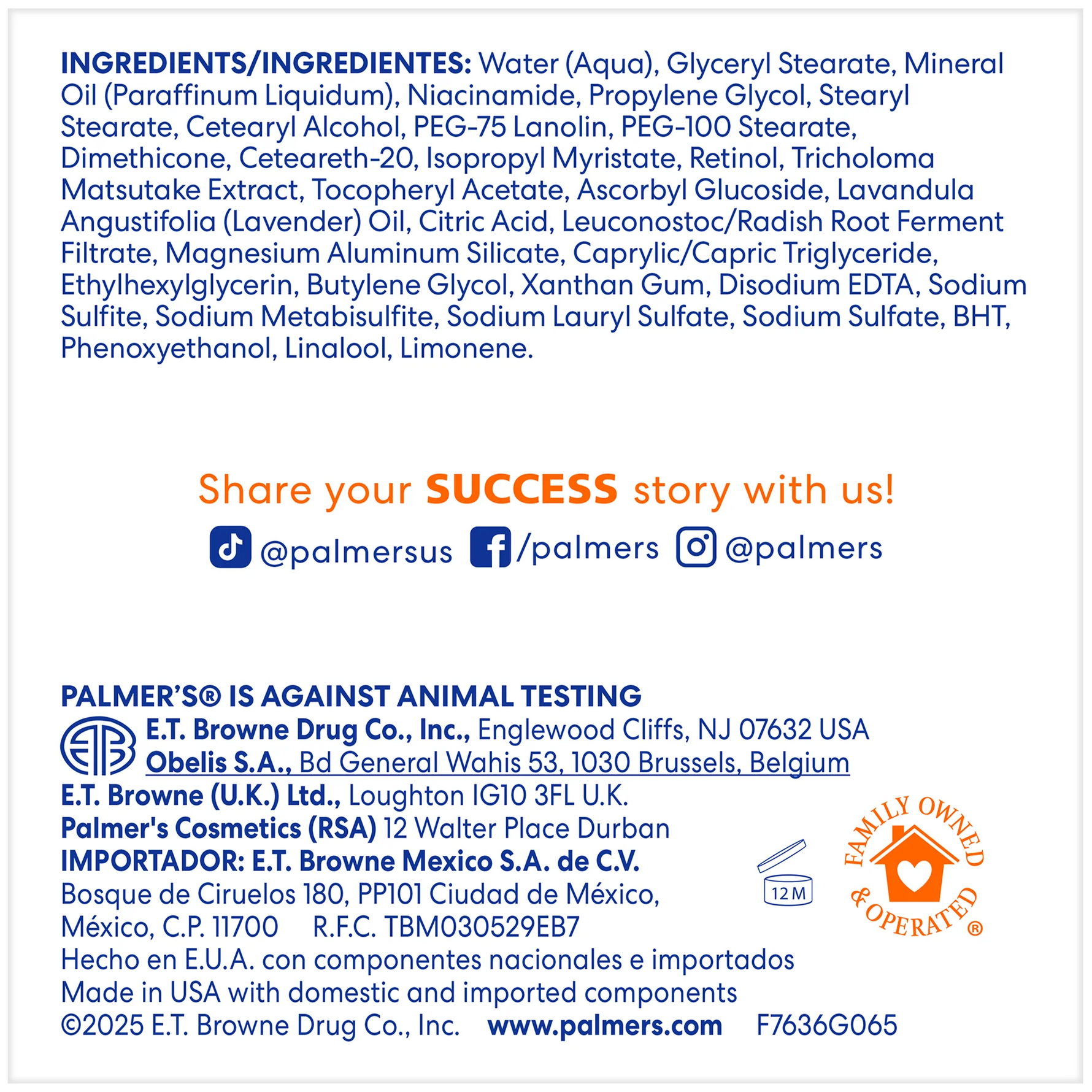 Product label with ingredient list and branding information on a white background