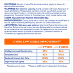 Product label with skincare routine instructions, warnings, and effectiveness data on a white background.
