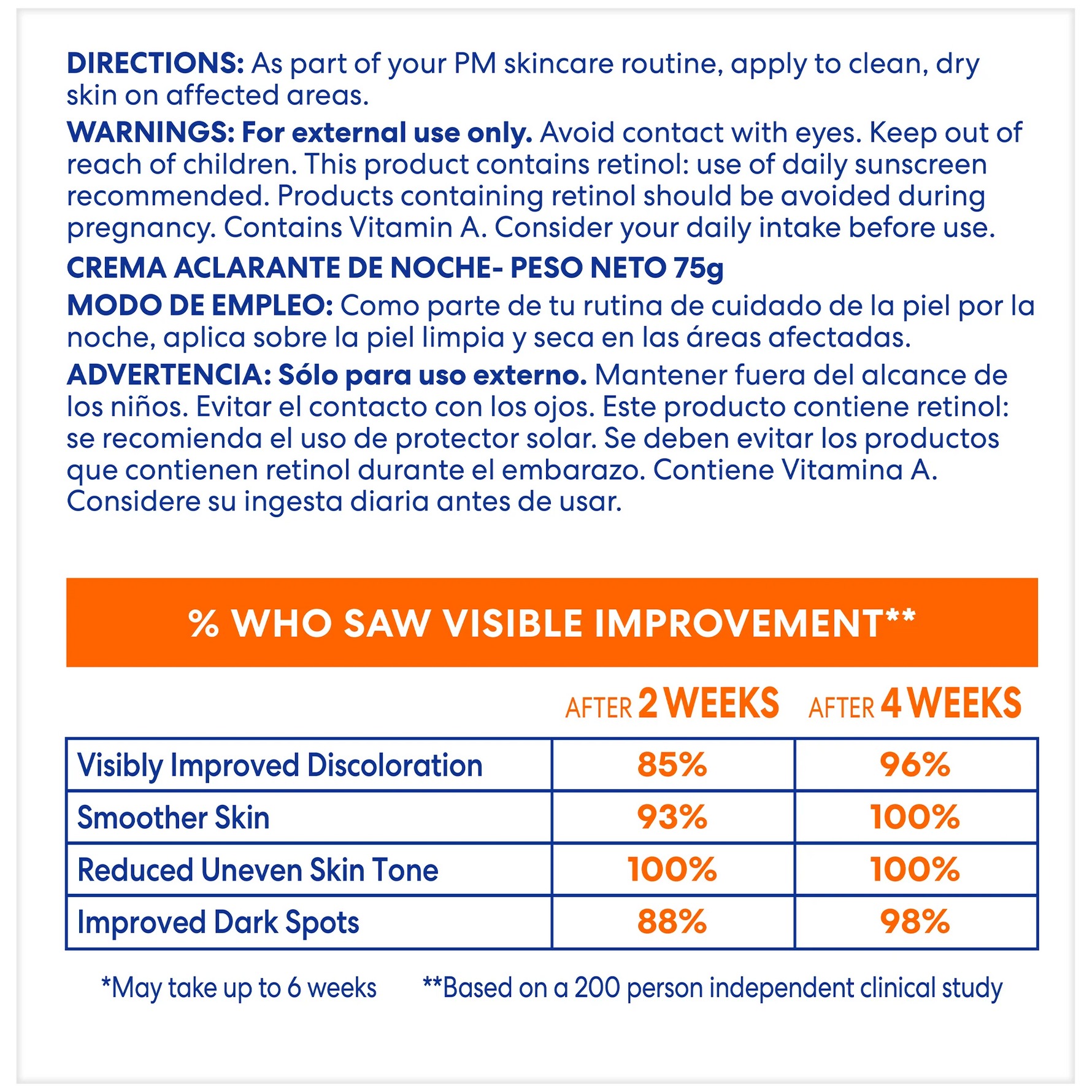 Product label with skincare routine instructions, warnings, and effectiveness data on a white background.