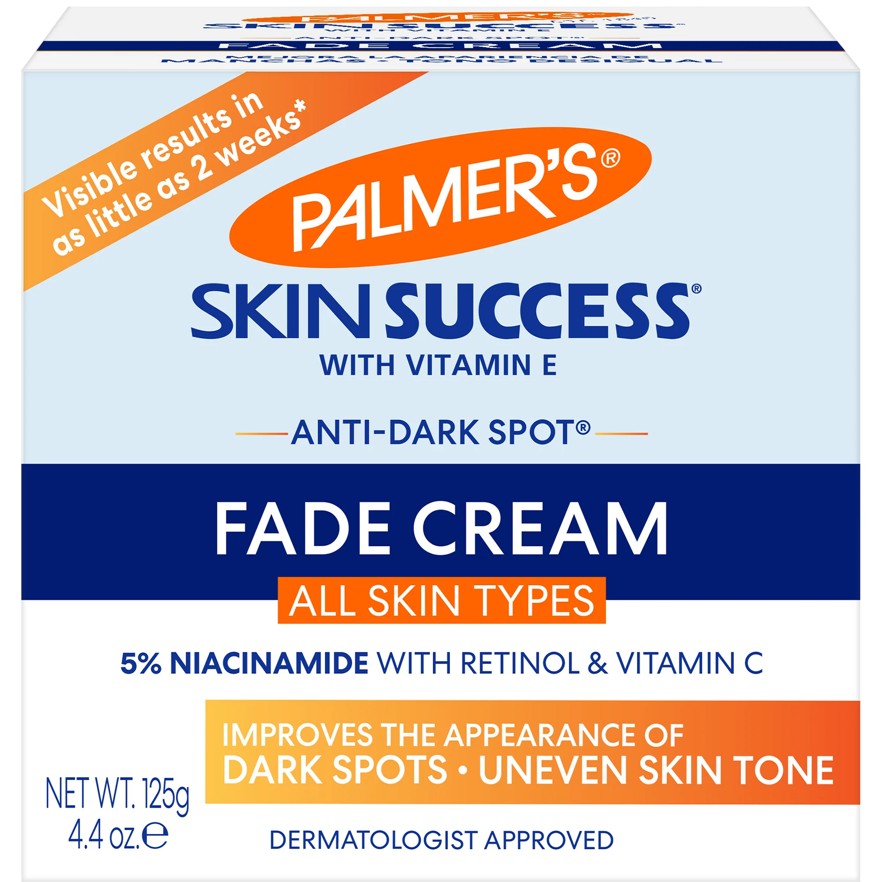 Palmer's Skin Success Fade Cream packaging with blue and orange design