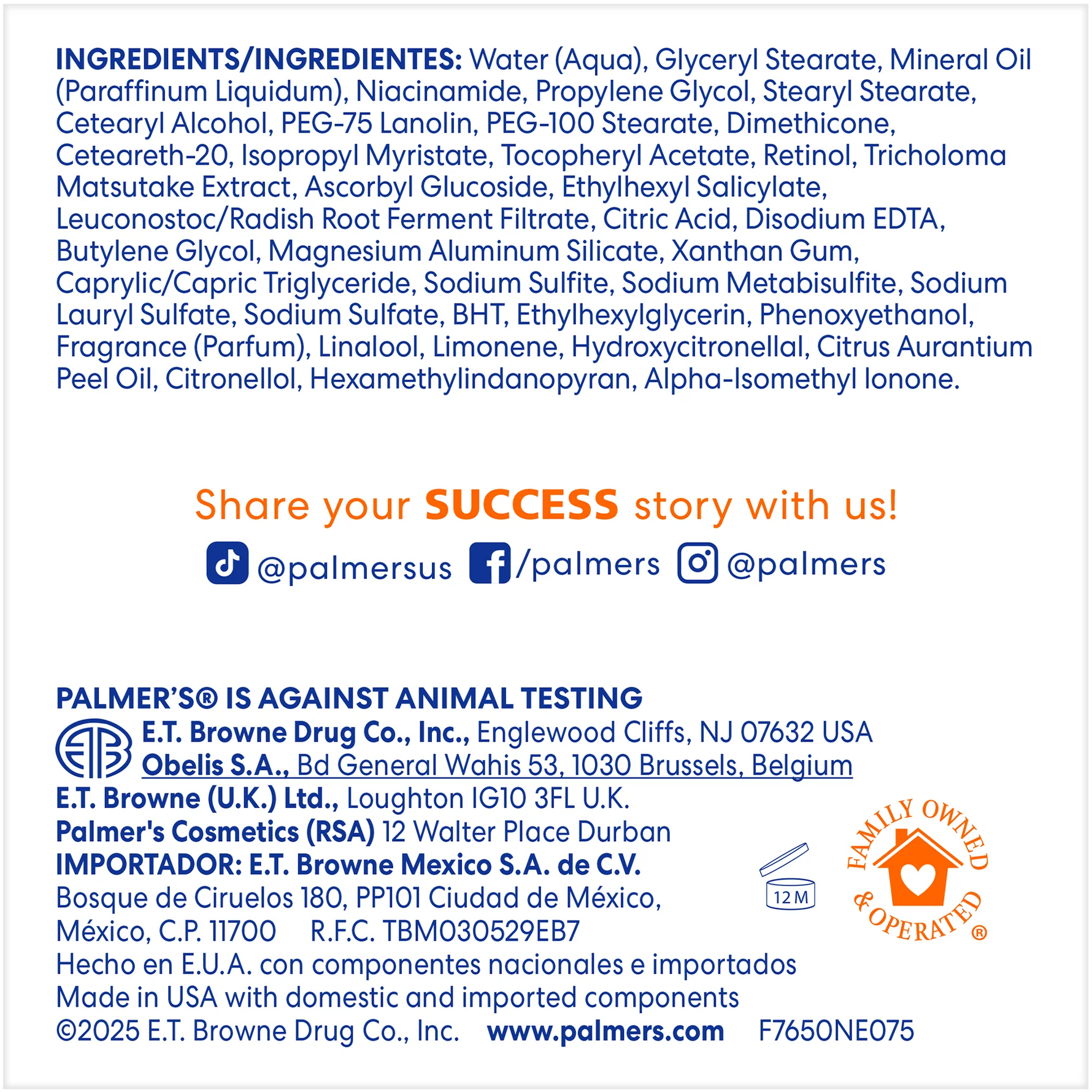 Product label with ingredient list and contact information on a white background