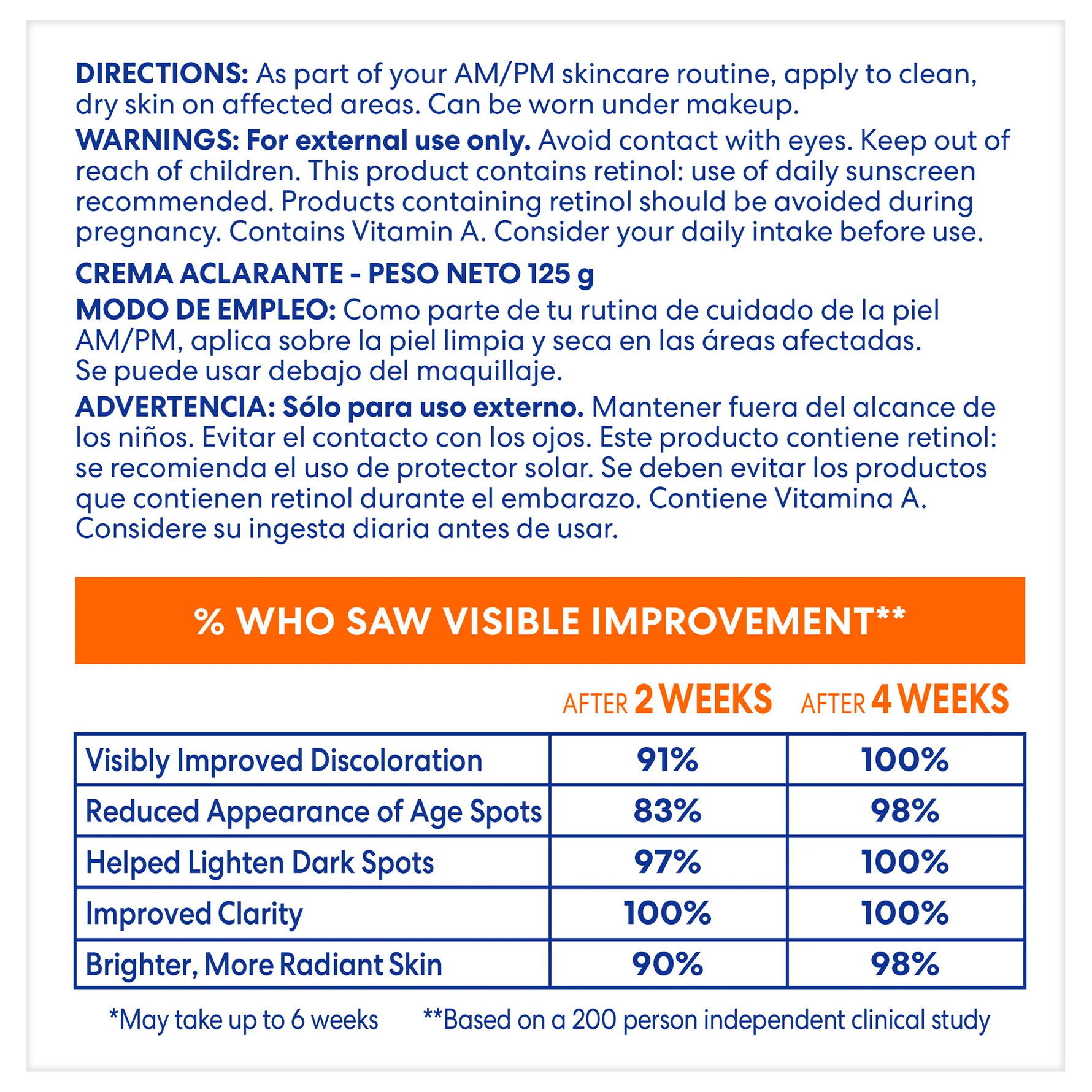 Product label with skincare routine directions, warnings, and improvement statistics.
