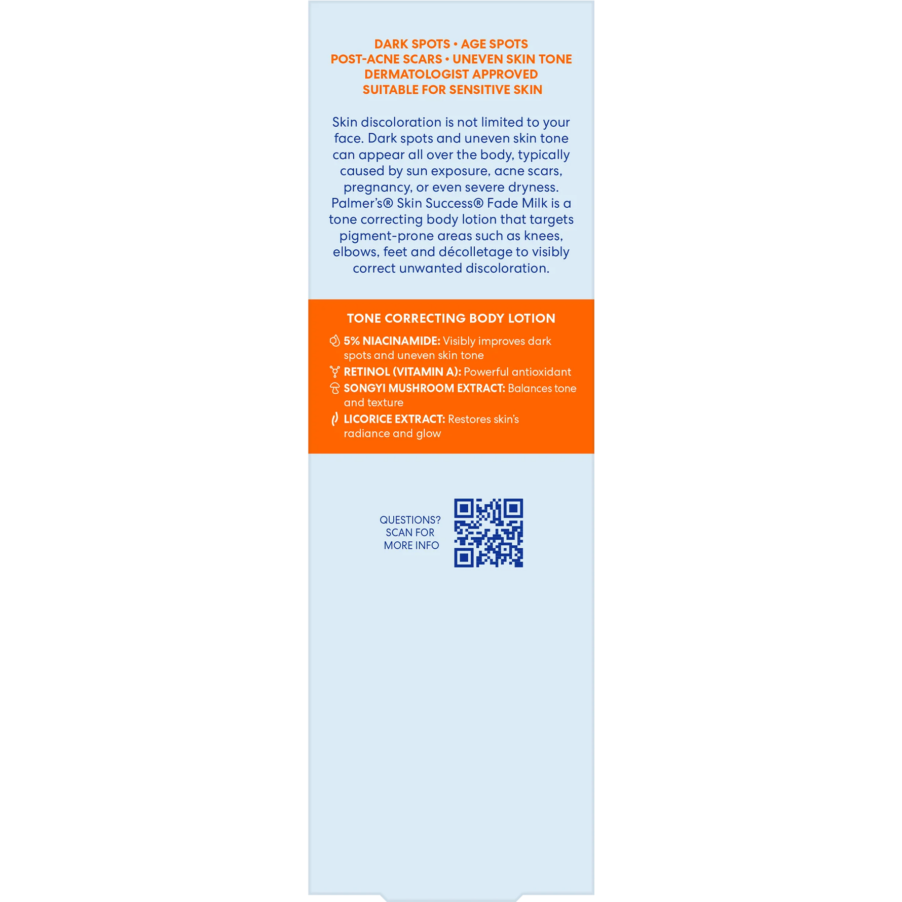 Product packaging with text and a QR code on a white background