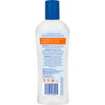 Back view of a skincare product bottle with text and a blue cap on a white background