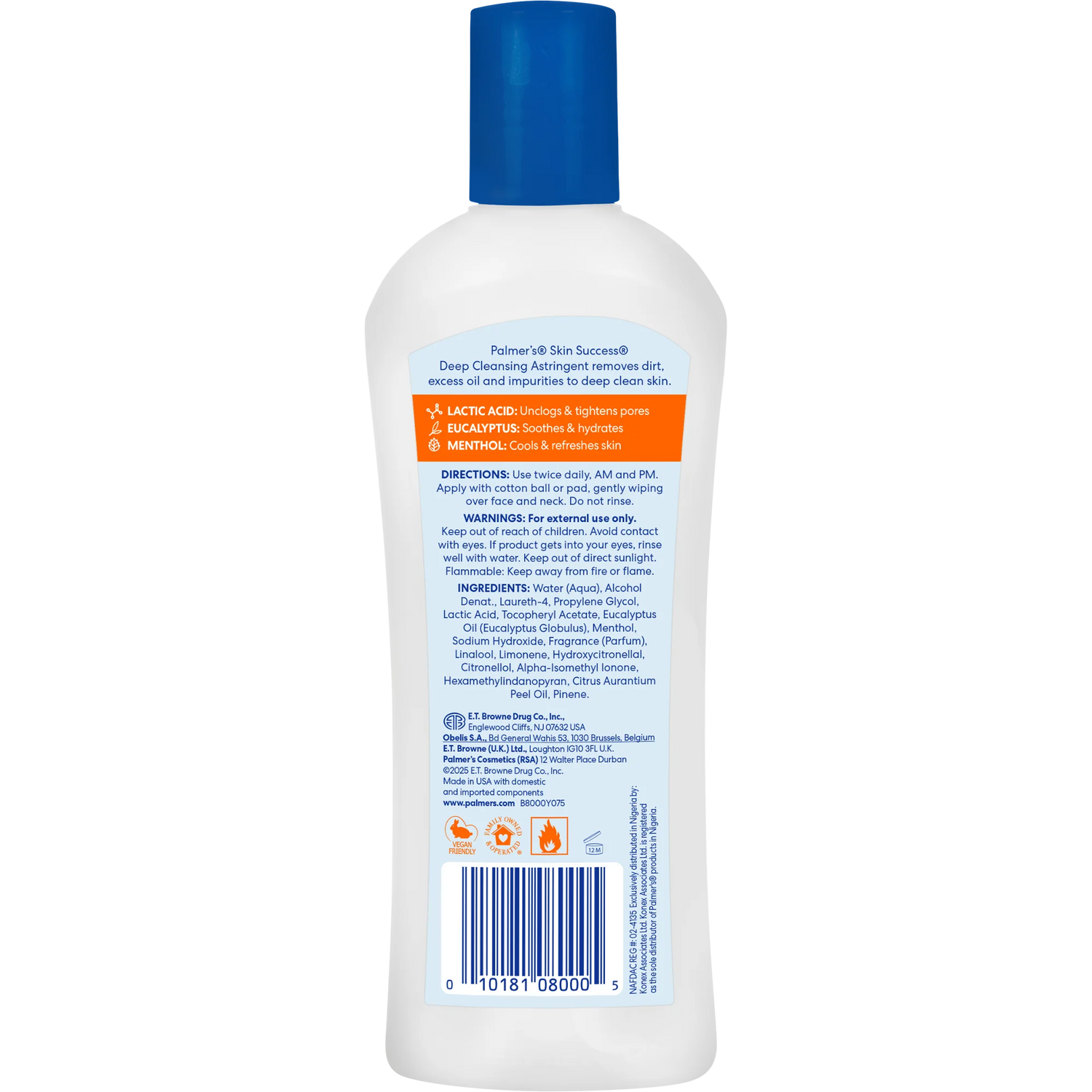 Back view of a skincare product bottle with text and a blue cap on a white background