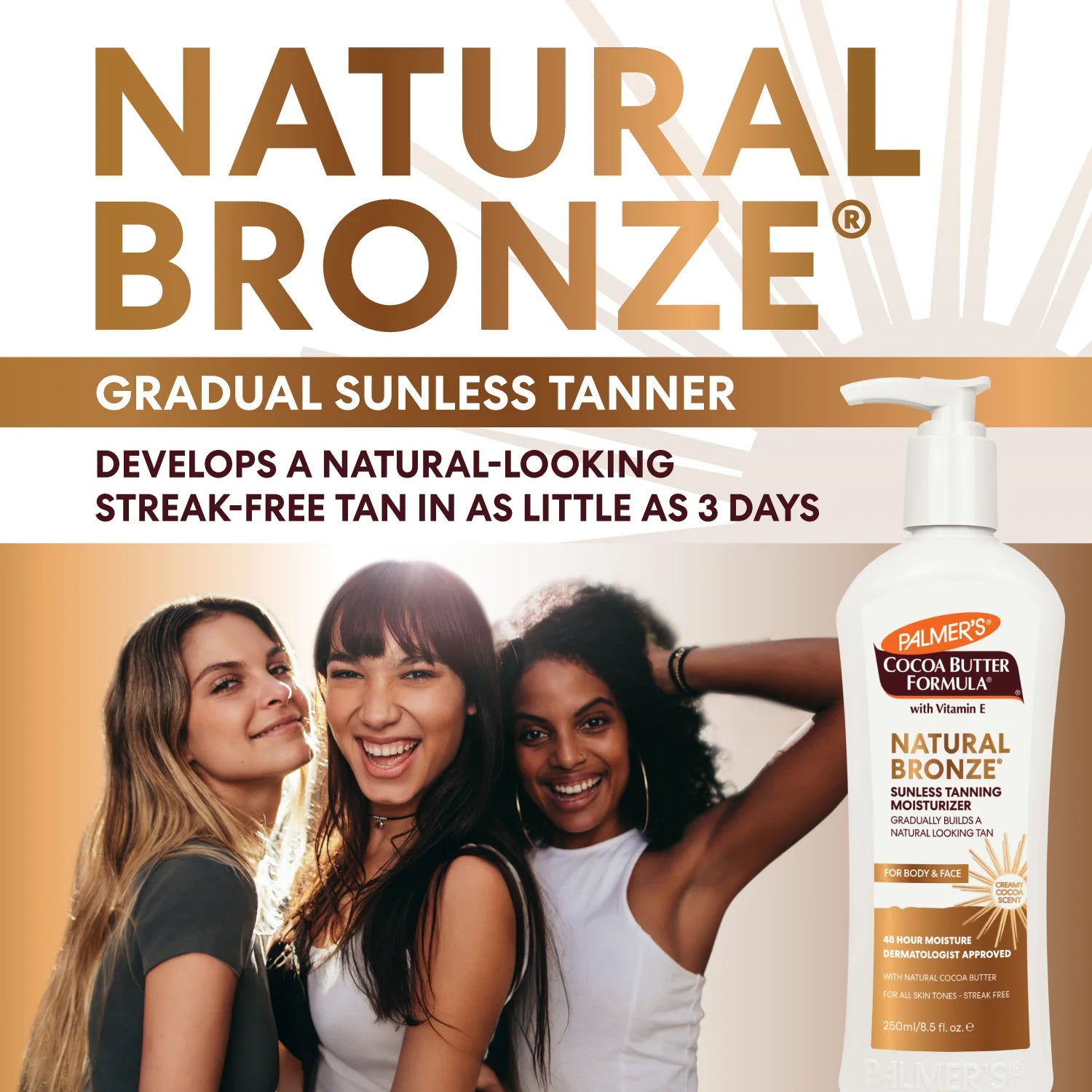 Palmer's Natural Bronze gradual sunless tanner with three women posing and a bottle of the product.