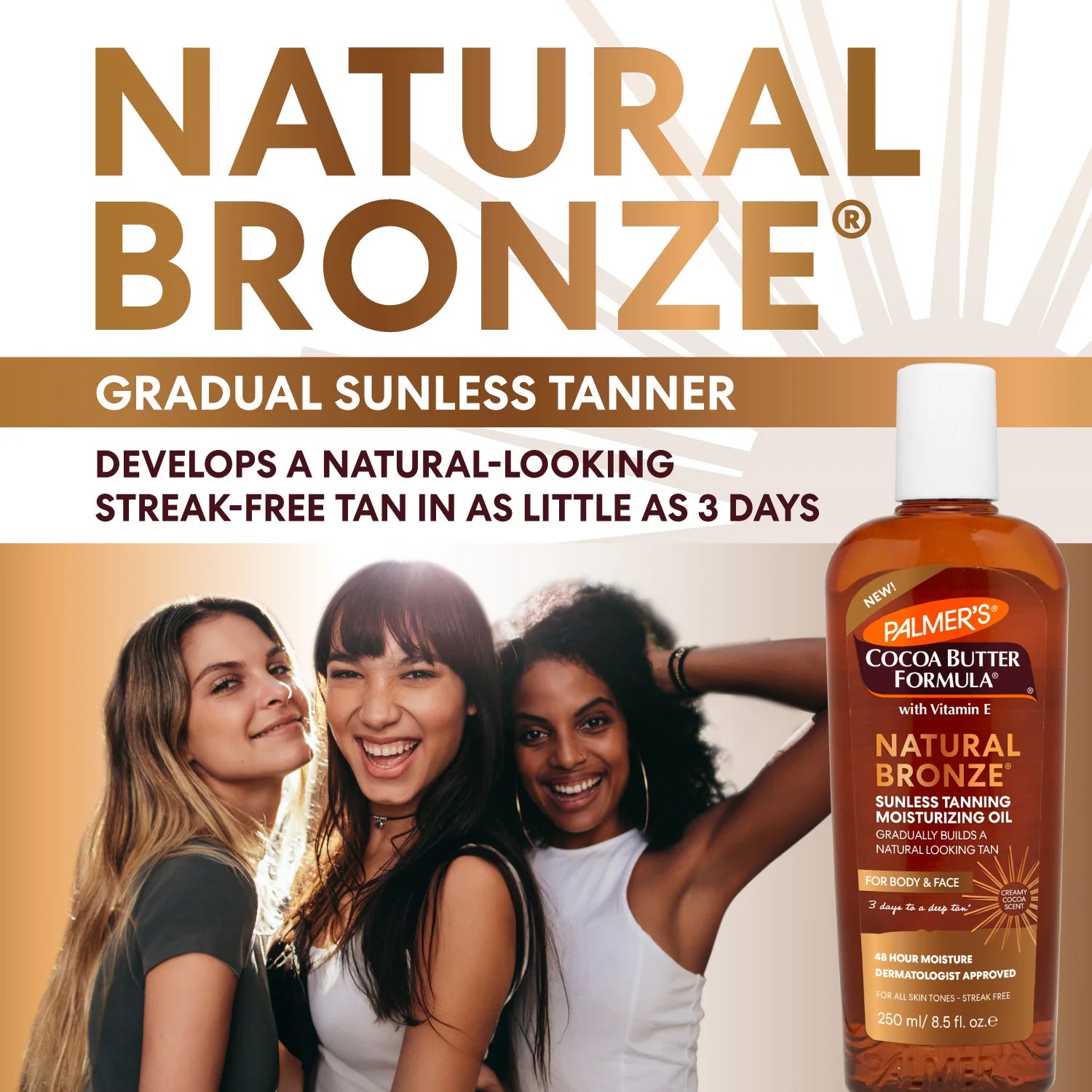 Palmer's Cocoa Butter Formula Natural Bronze Sunless Tanning Moisturizing Oil with three smiling women in the background.