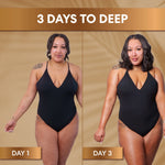 Before and after comparison of a woman in a black swimsuit on Day 1 and Day 3 against a beige background.