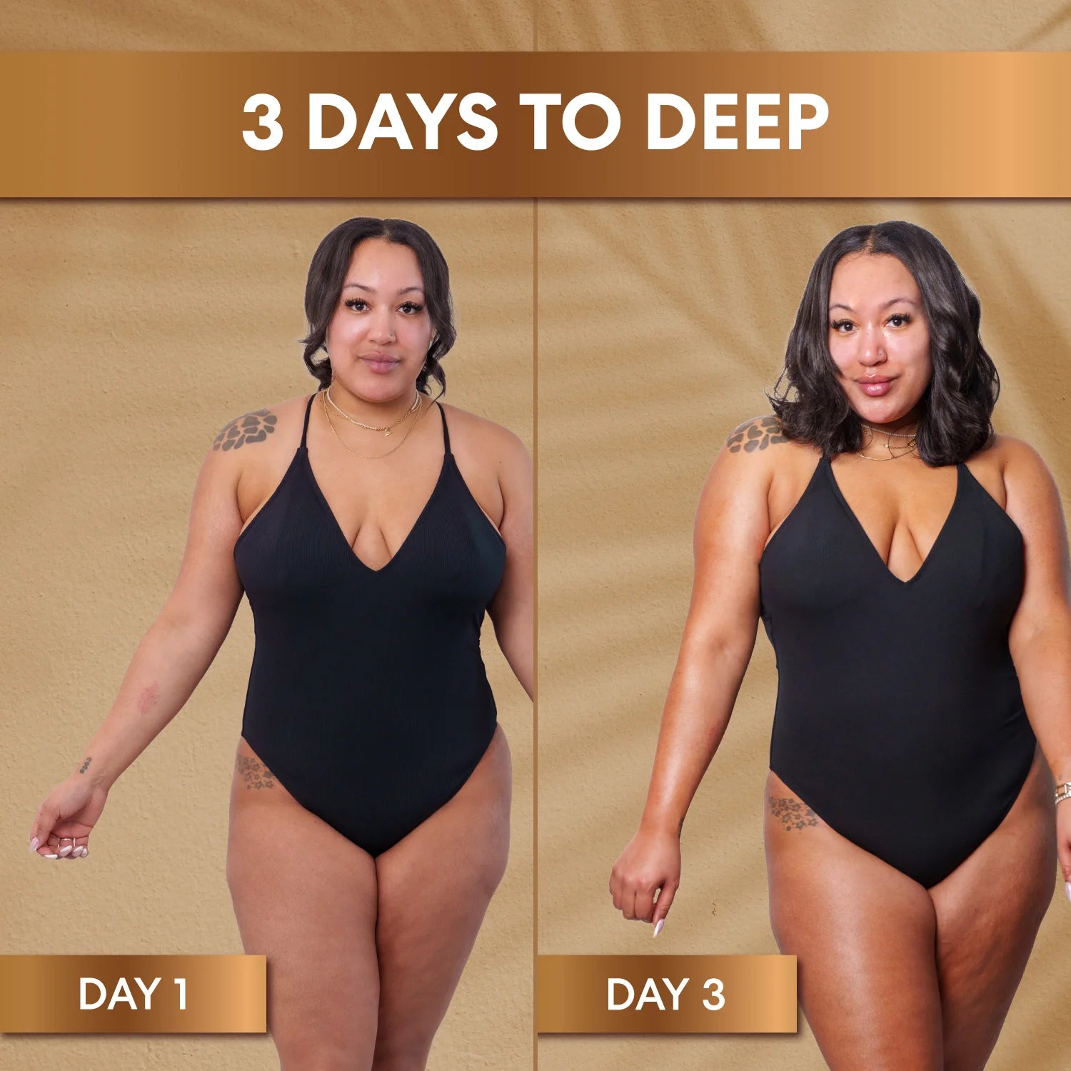 Before and after comparison of a woman in a black swimsuit on Day 1 and Day 3 against a beige background.