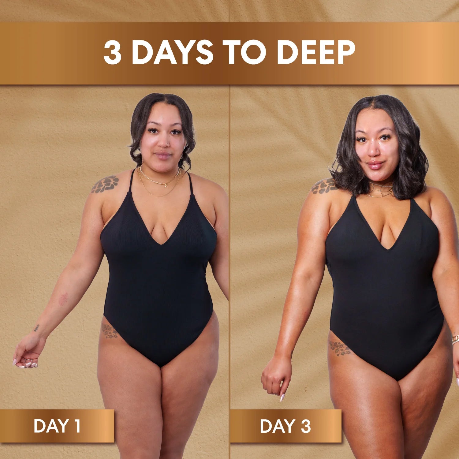 Before and after comparison of a woman in a black swimsuit on Day 1 and Day 3 against a beige background.