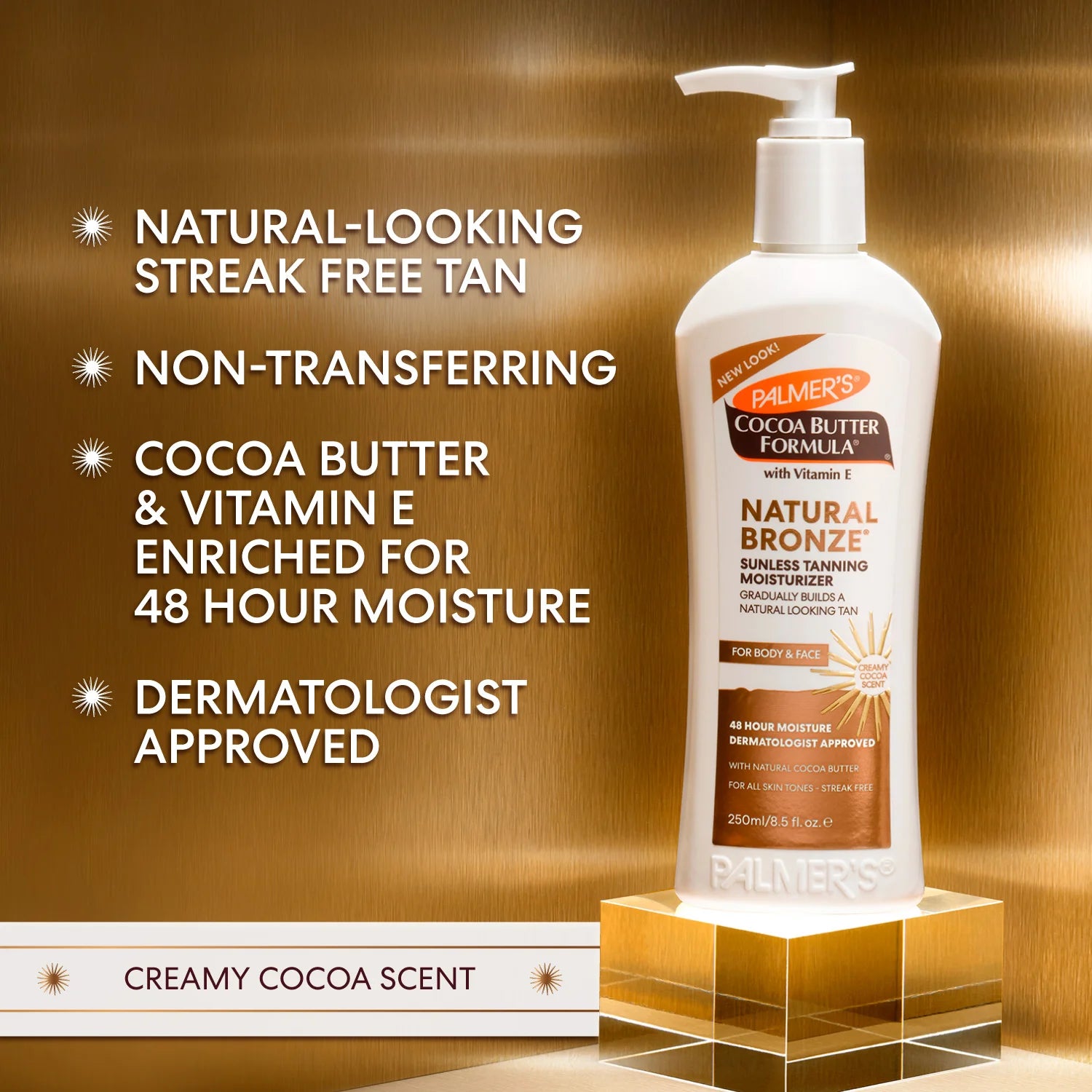  Palmer's Cocoa Butter Formula Natural Bronze sunscreen lotion on a gold background with product features listed.