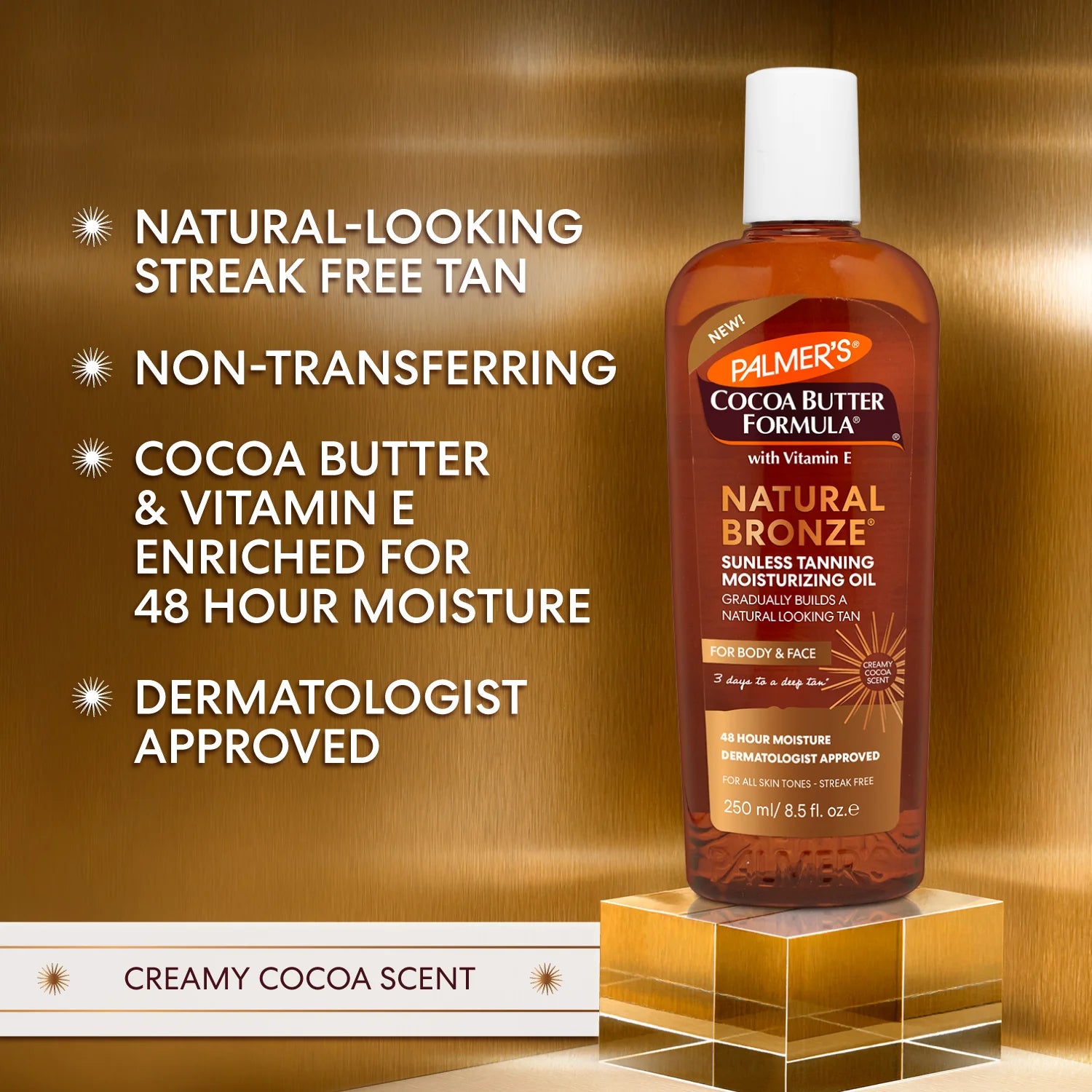 Palmer's Cocoa Butter Formula Natural Bronze Sunless Tanning Moisturizing Oil bottle on a gold background with product features listed.