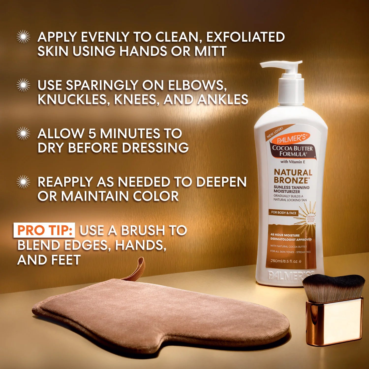  Palmer's Cocoa Butter Formula Natural Bronze tanning lotion with applicator on a brown background